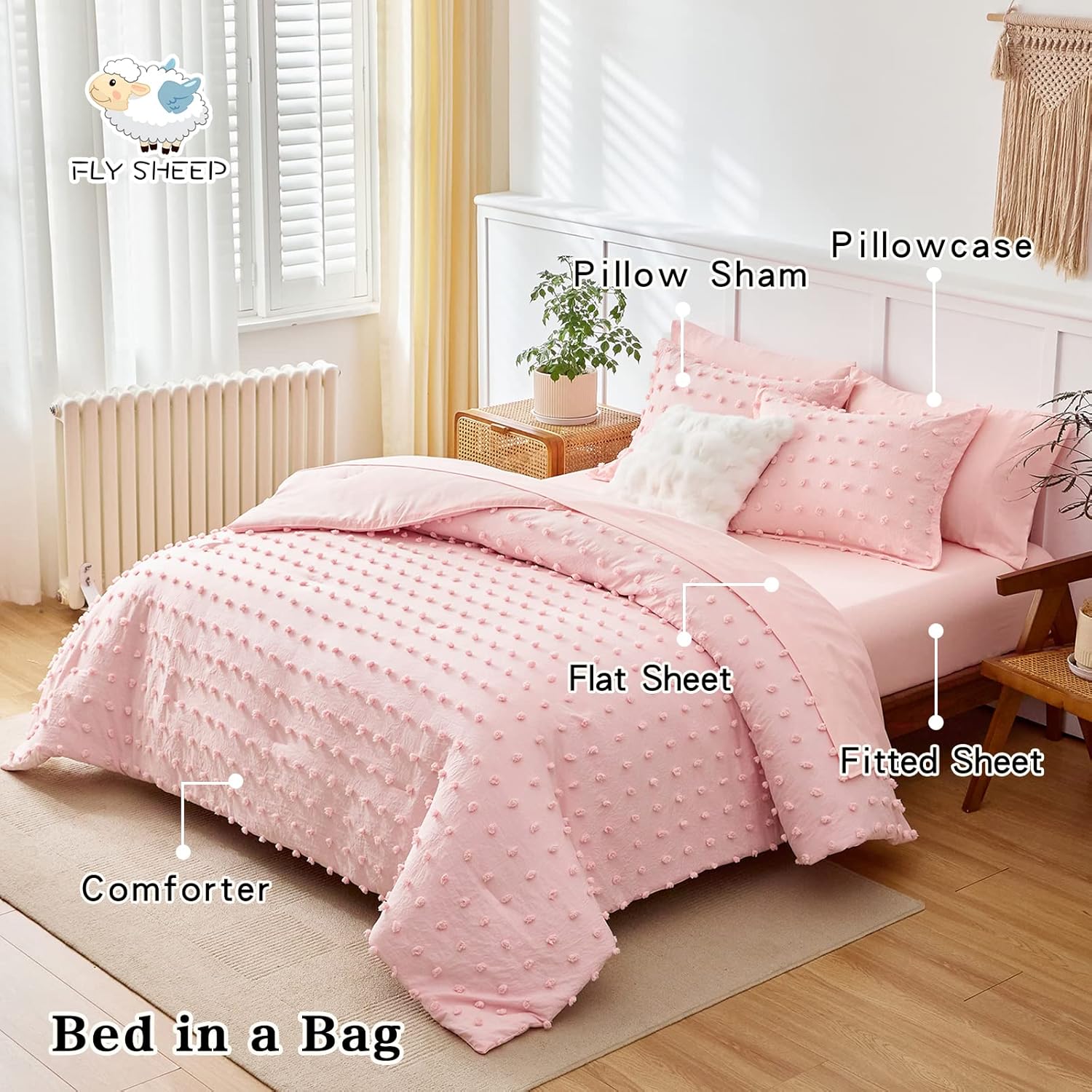 Flysheep 7 Piece Queen Bed in a Bag with Pom Pom Design