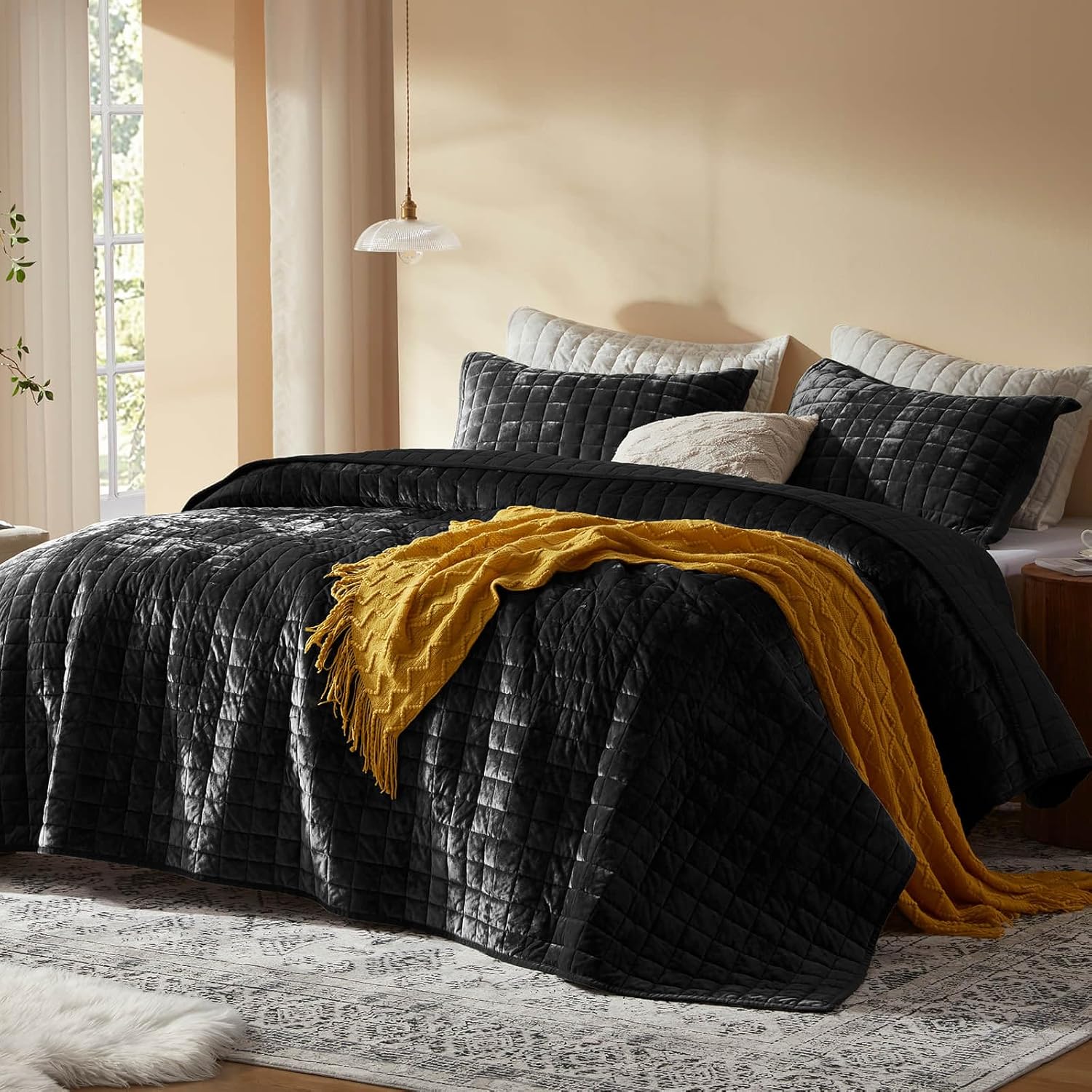 LEAONME Velvet Quilt Set - 90x98 Black Comforter with Pillow Shams