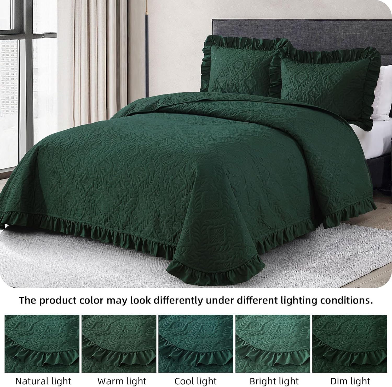 Emerald Green King Quilt Set 3 Piece Ruffled