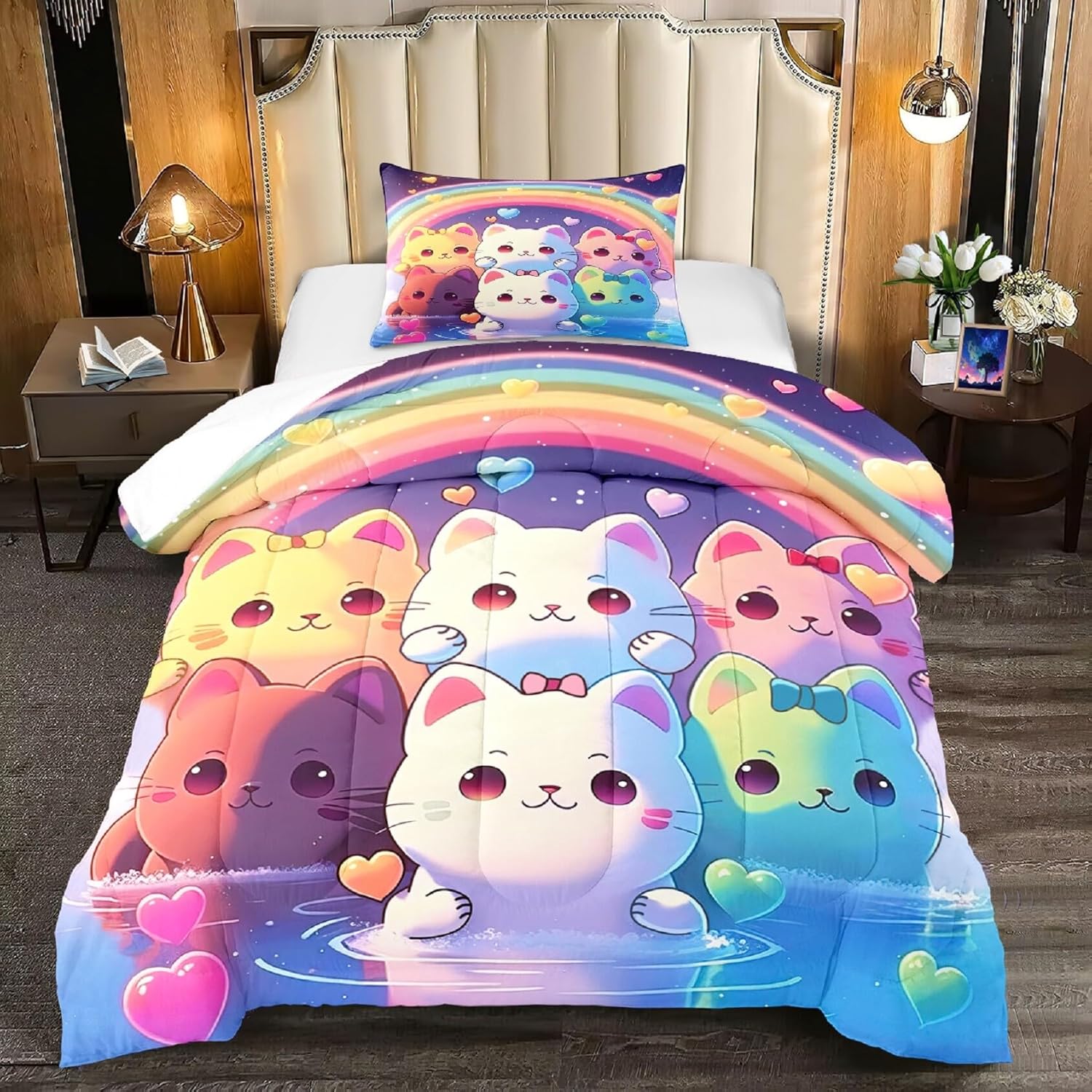 Rainbow Cat Comforter Twin Set - 1 Comforter 1 Pillowcase 1