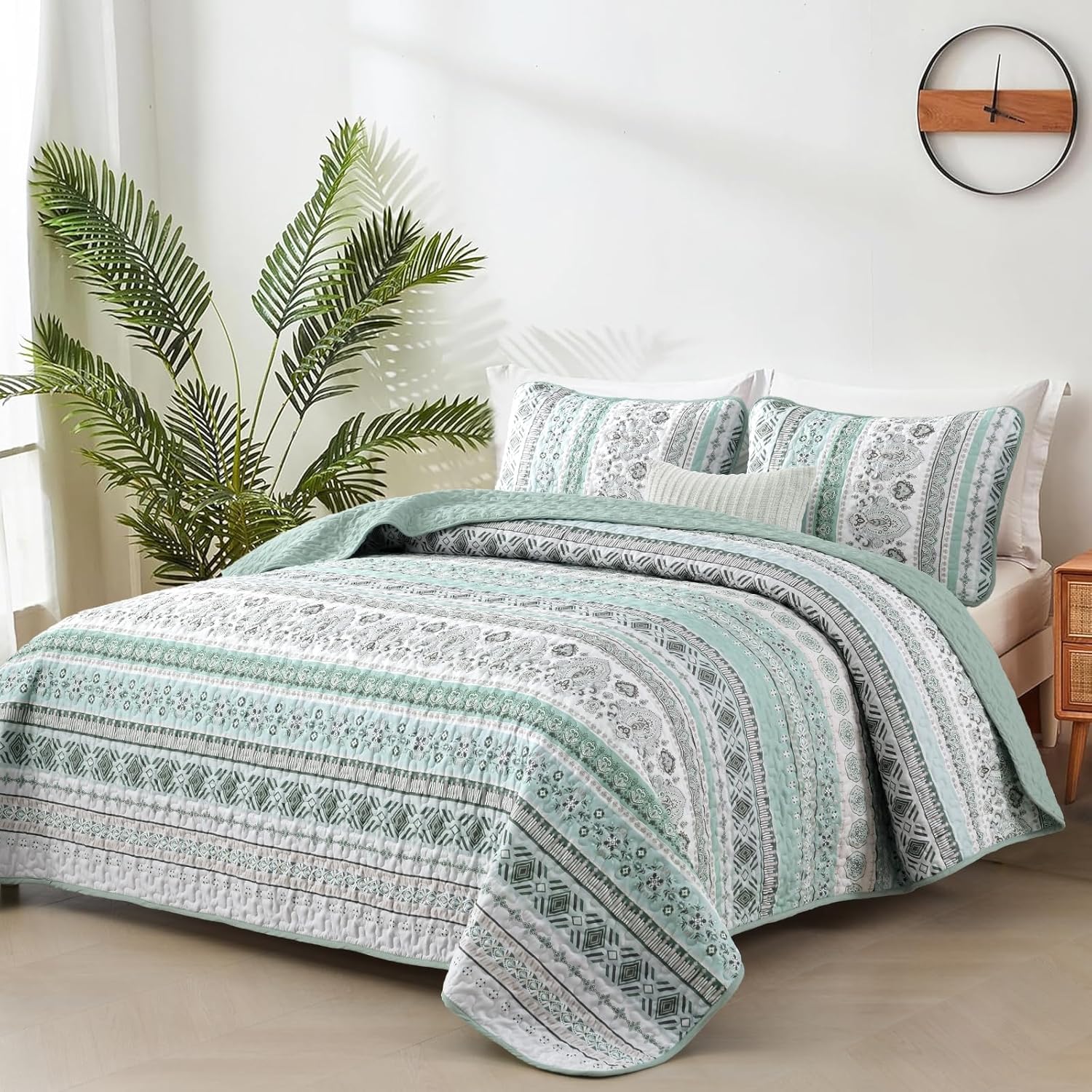 Goodidea Boho Quilt Set Cal King 3 Piece Mint Green Striped Microfiber Bedding