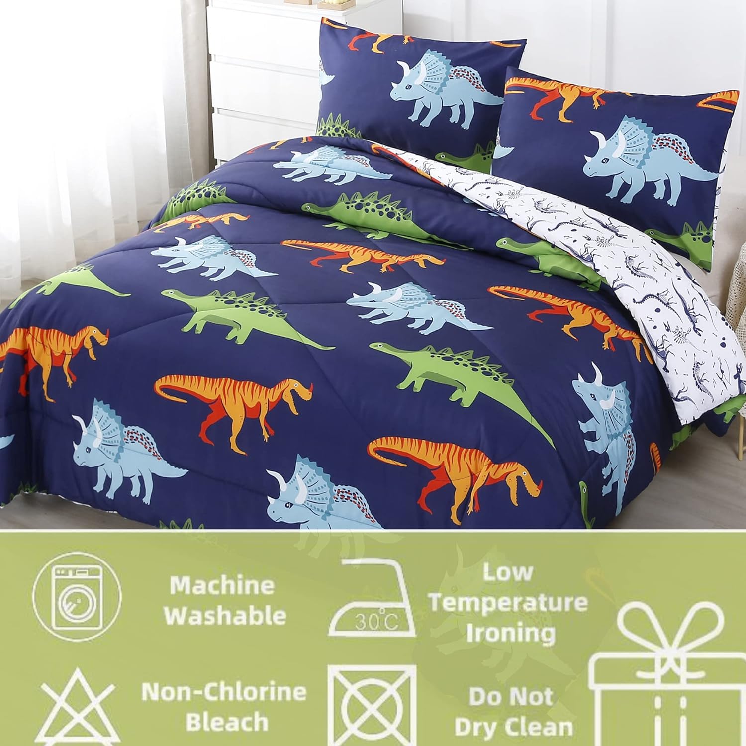 RYNGHIPY Dinosaur Comforter Set Twin Size Dark Blue Kids Bedding