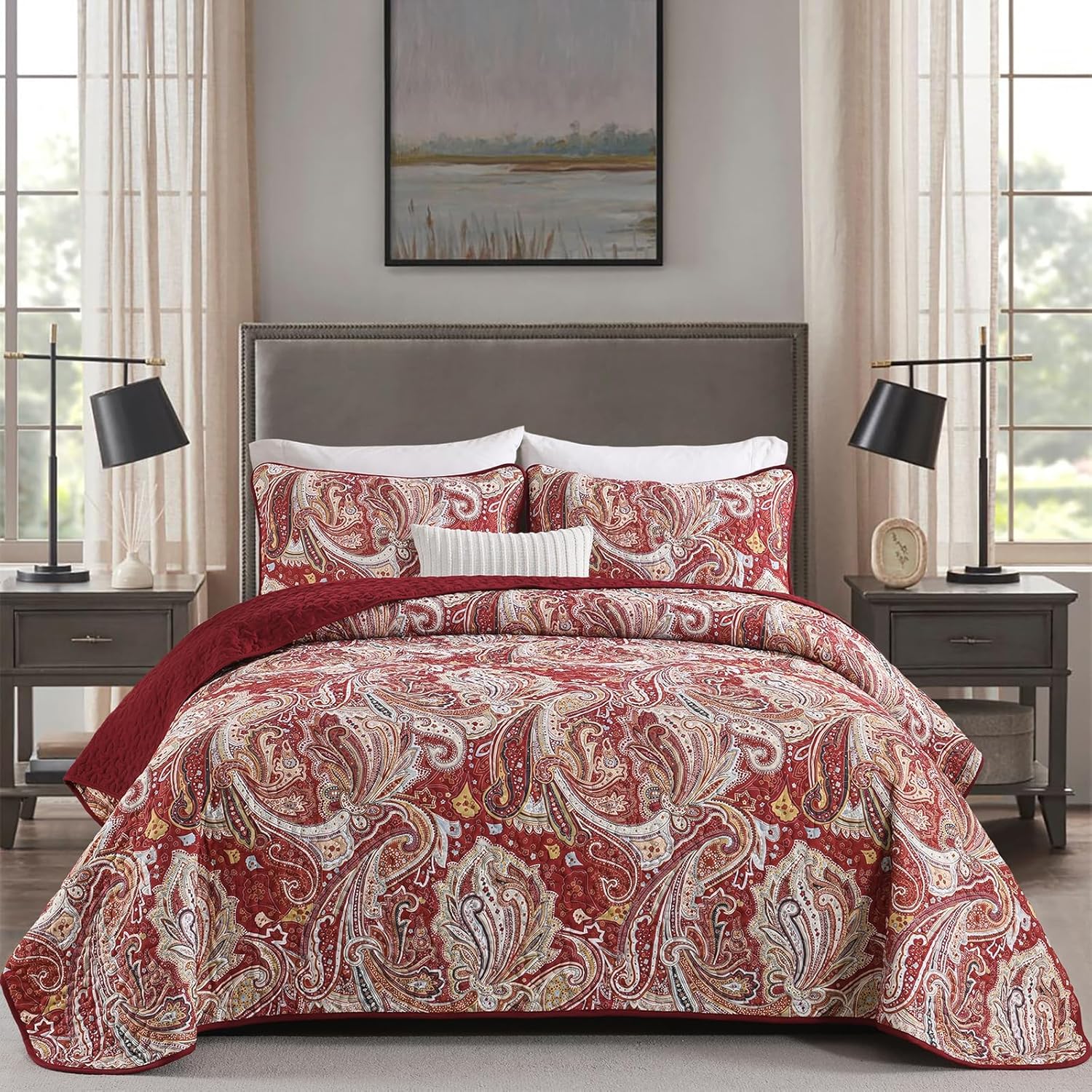 DJY Red Paisley Quilt Set - King Size 3 Piece
