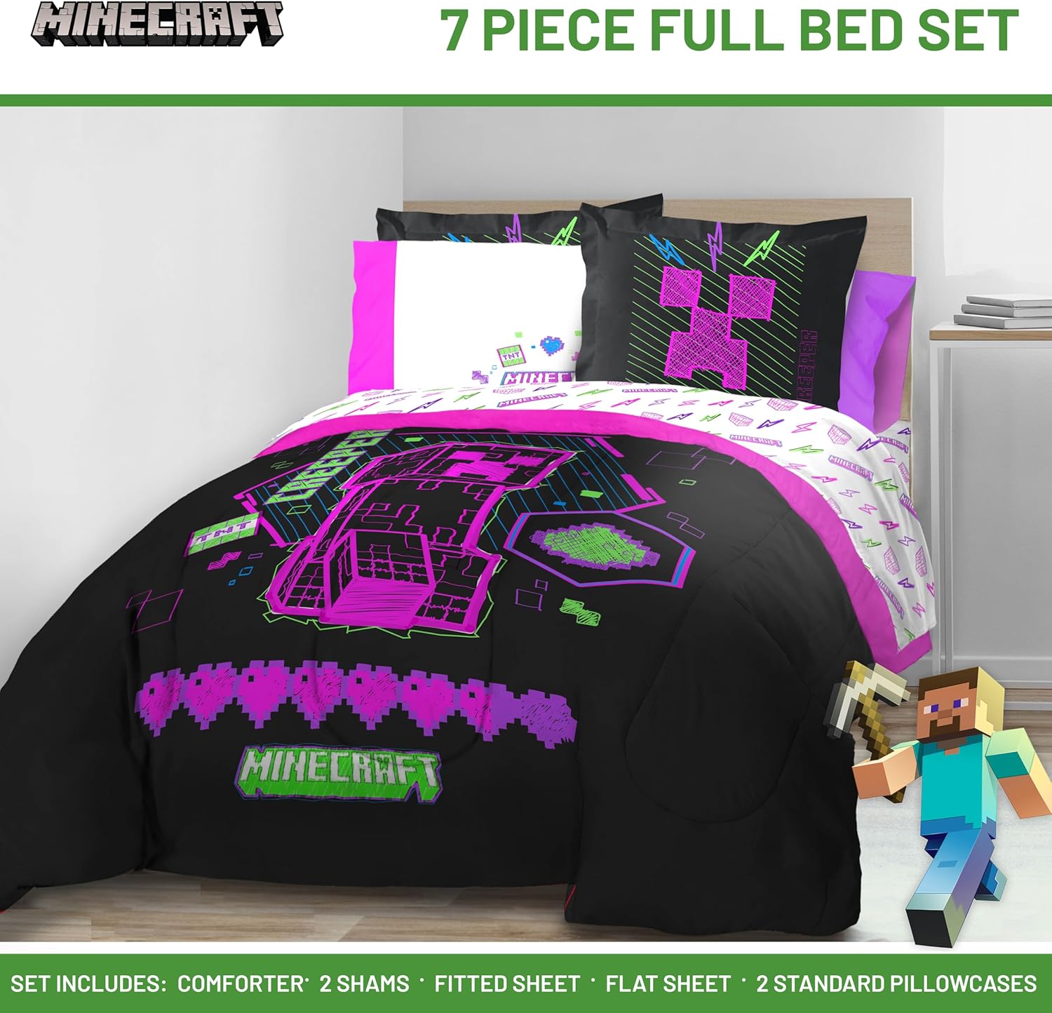 Minecraft Comforter Set - 7 Piece Neon Kids Bedding