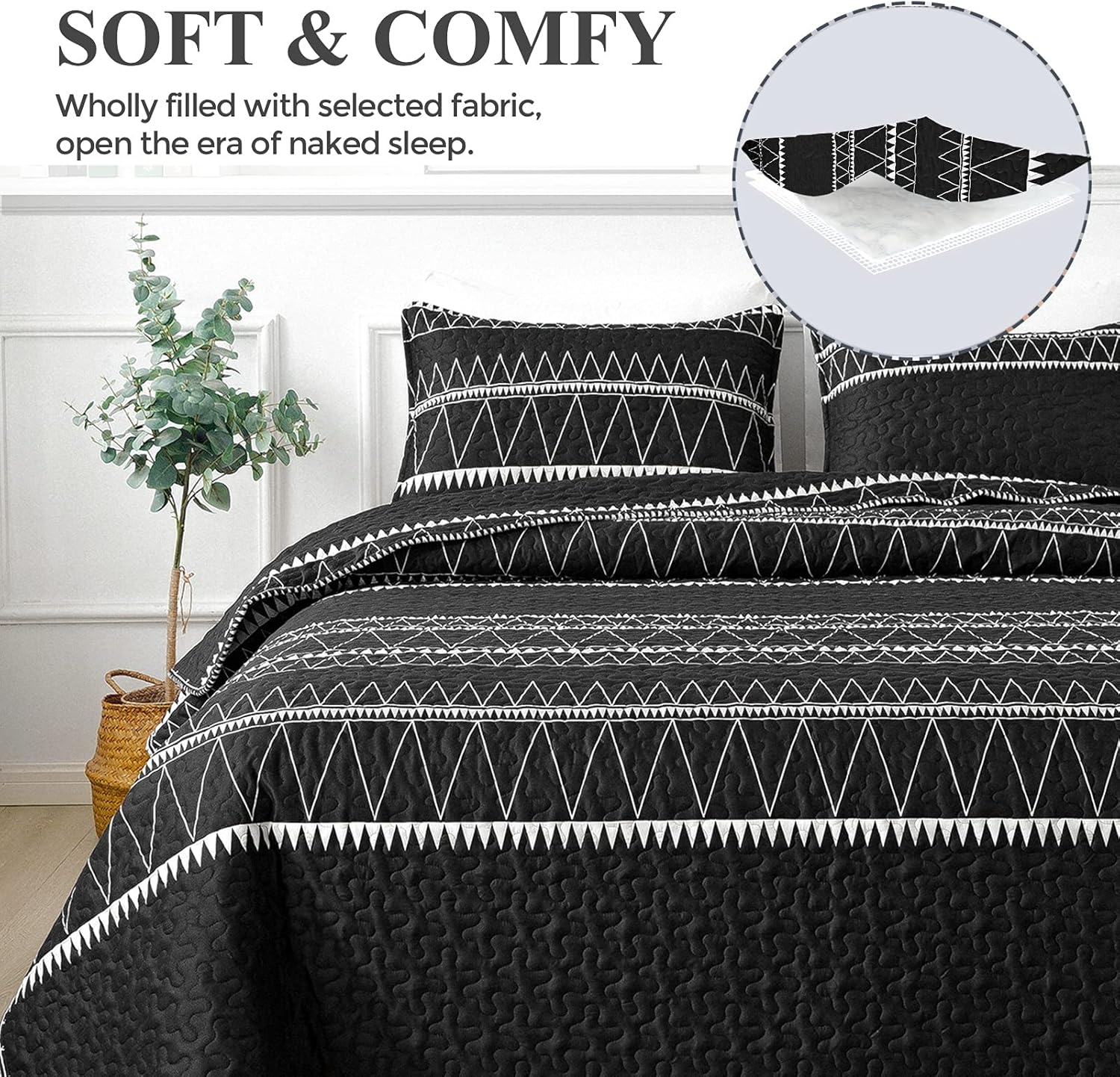 Andency Black Quilt Set California King 3Pcs