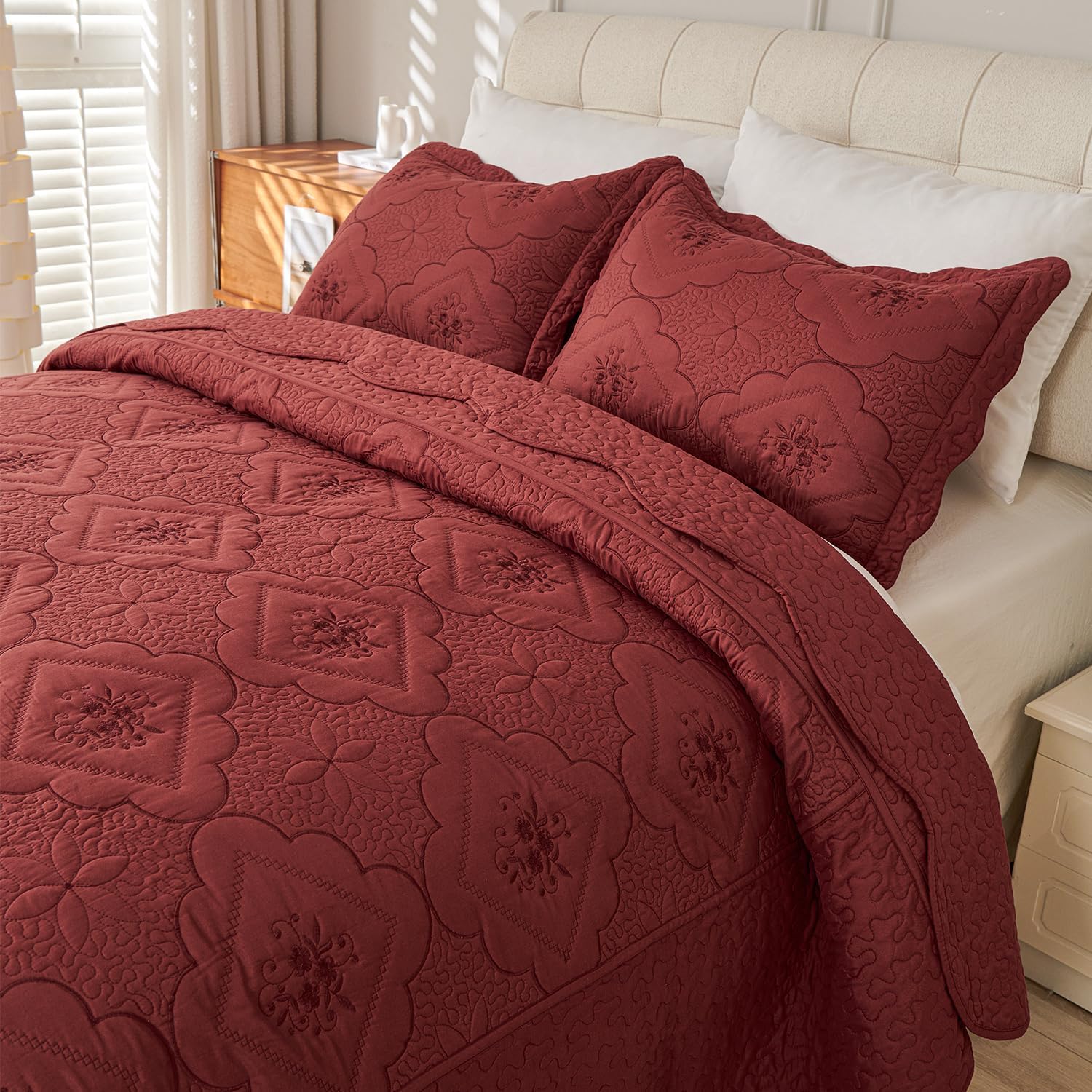 Cmfshape Queen Quilt Set 3 Pieces - Burgundy Floral Embroidery