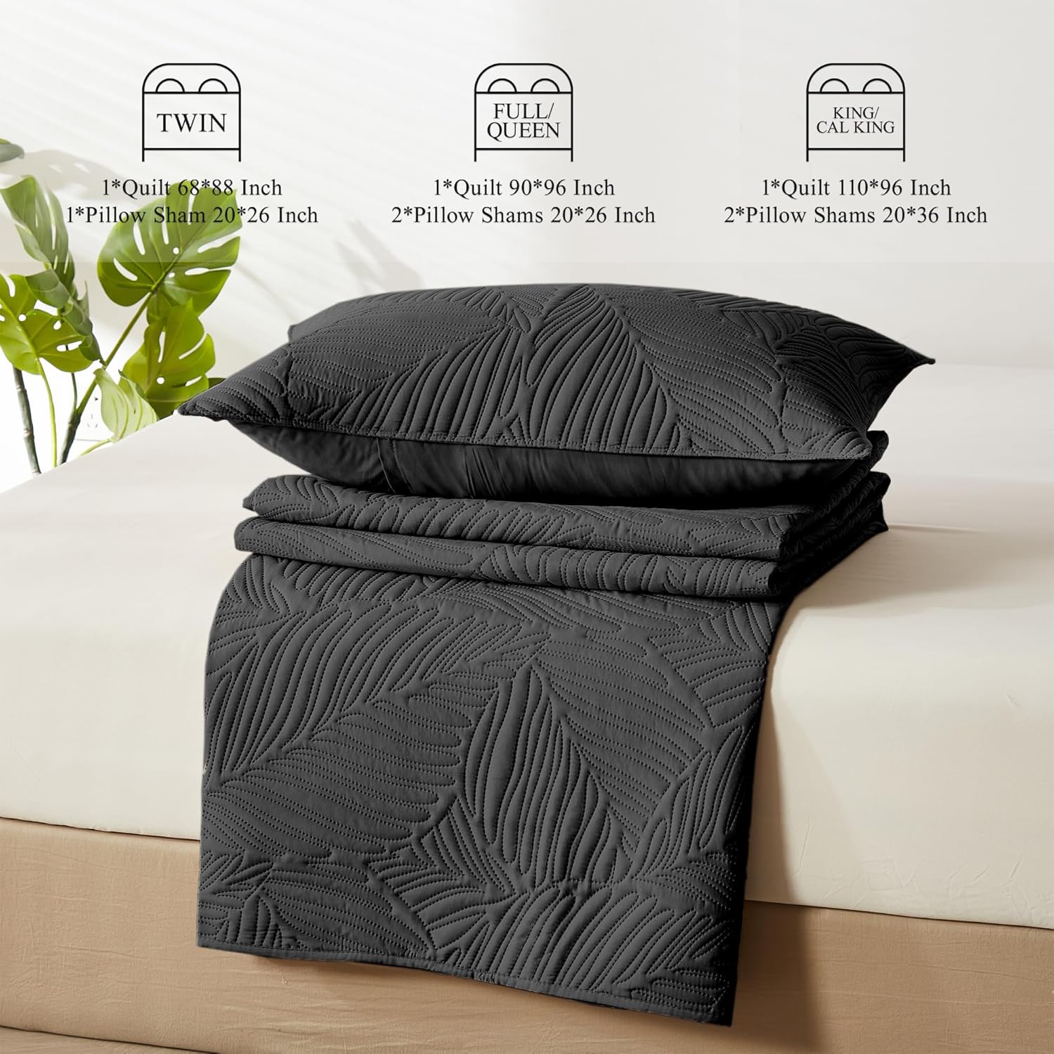 OARAGE Queen Quilt Bedding Set Black Leaf Pattern Microfiber Bedspread