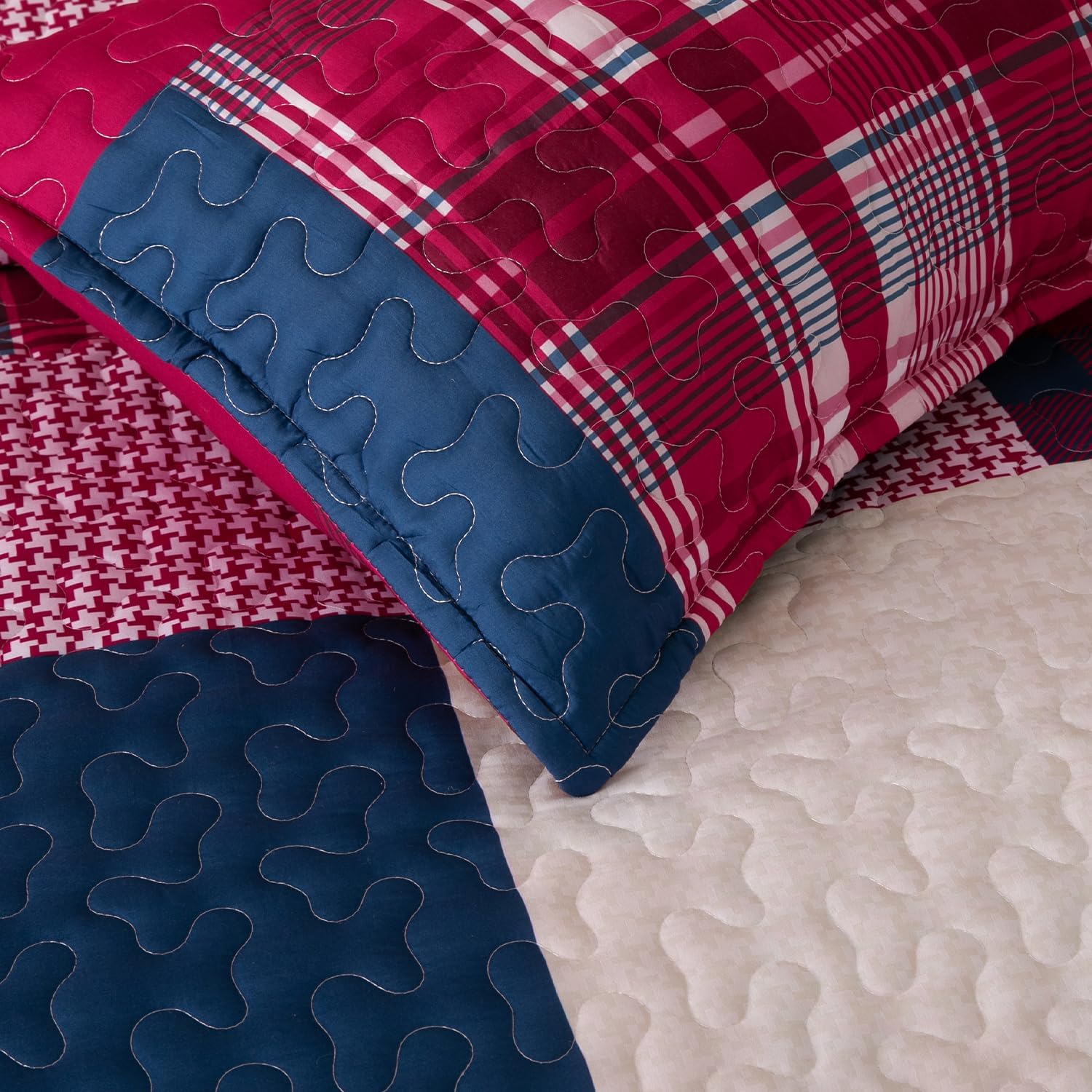DURLENGEN Red Navy Patchwork Quilt Set 3Pcs