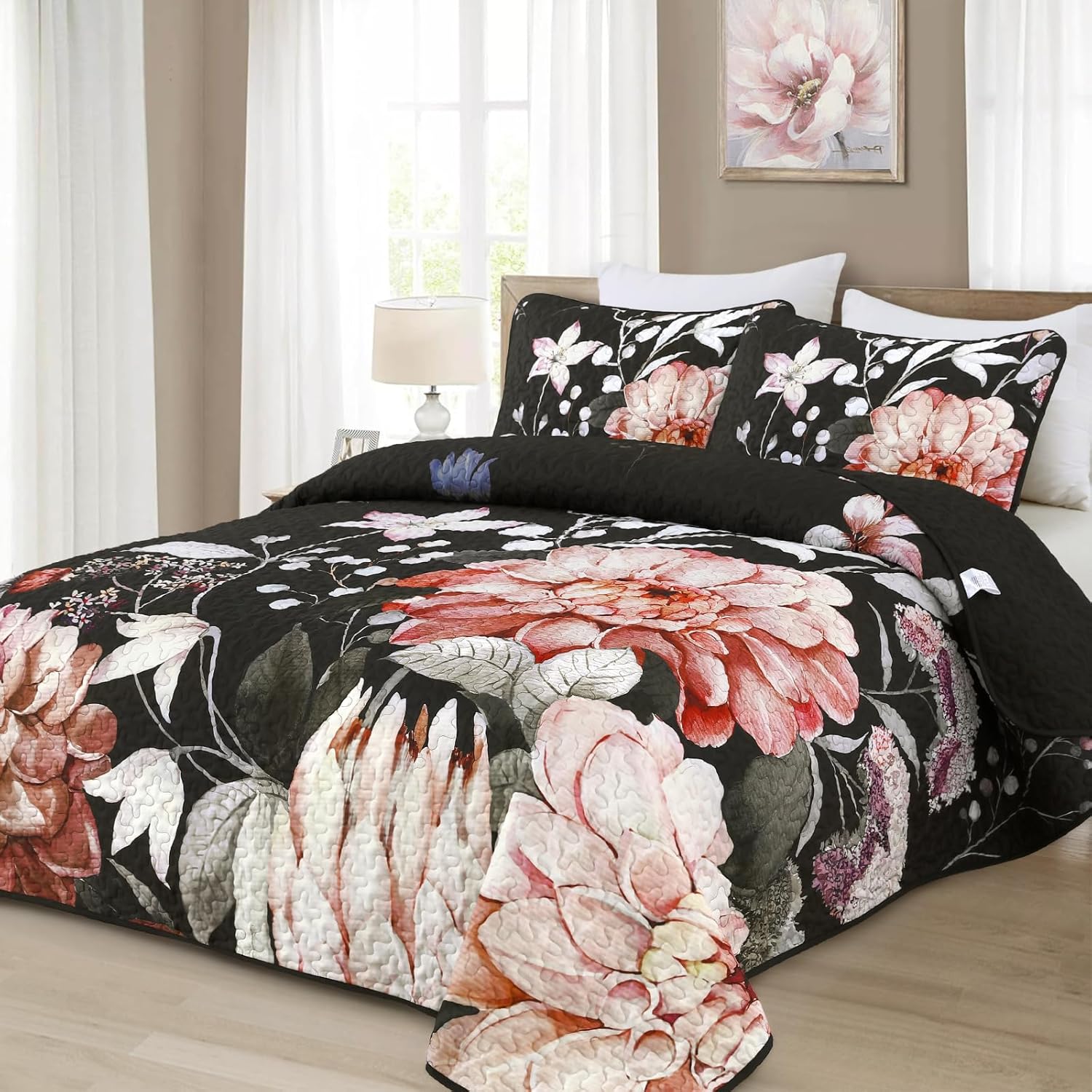 Drucon Black Quilt Queen Set - 3 Piece Pink Floral Bedding