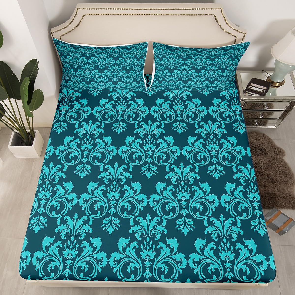 Erosebridal Damask Sheet Set Turquoise Teal 3 pcs Deep Pockets