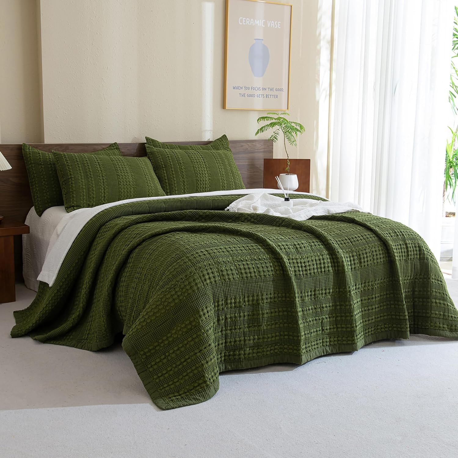 Sanracie Cotton Waffle Quilt Set King Size Olive Green