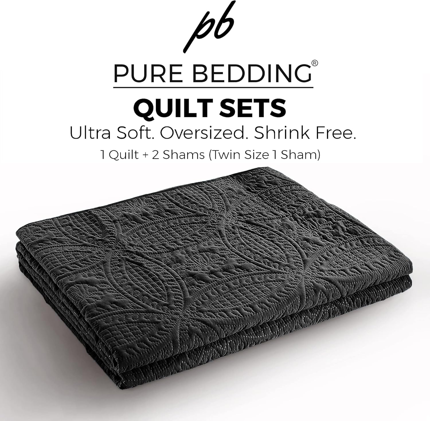 Pure Bedding Quilt Set Full Queen Black Geometric Pattern