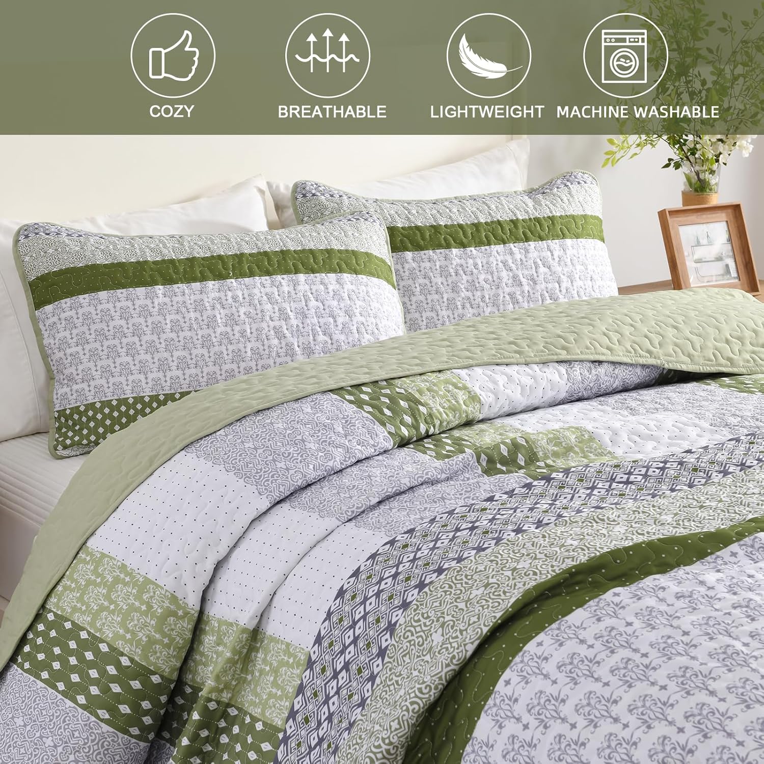 WONGS BEDDING Olive Green Boho Quilt Set Queen Size 3 Pieces