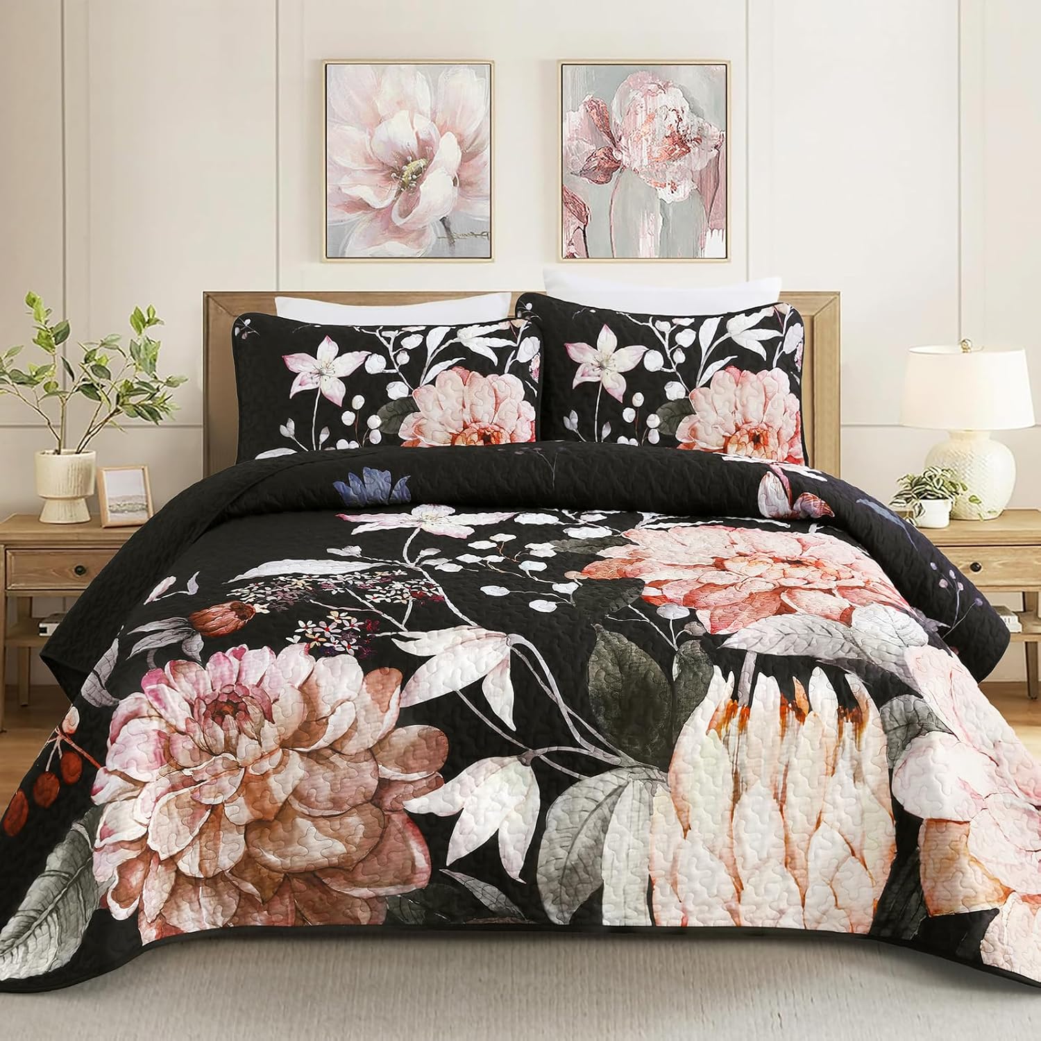 Drucon Black Quilt Queen Set - 3 Piece Pink Floral Bedding