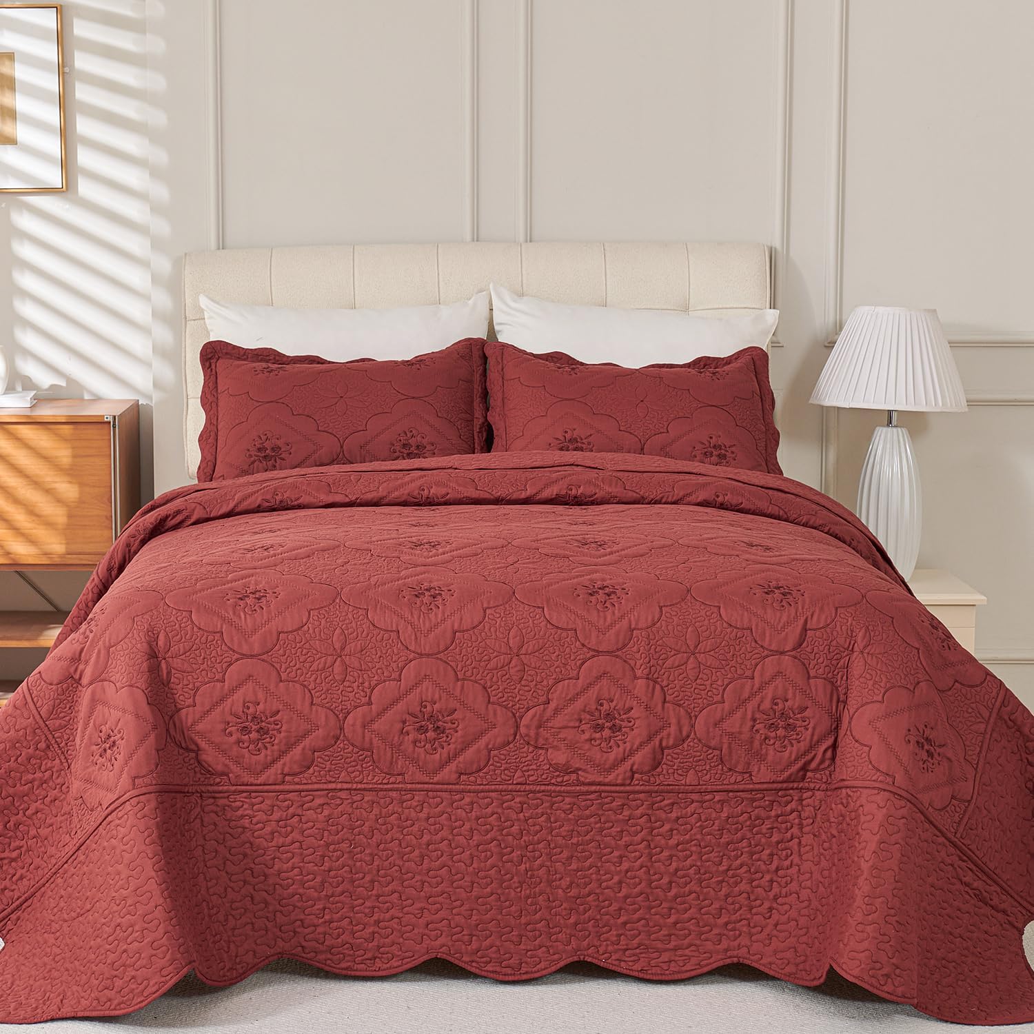 Cmfshape Queen Quilt Set 3 Pieces - Burgundy Floral Embroidery