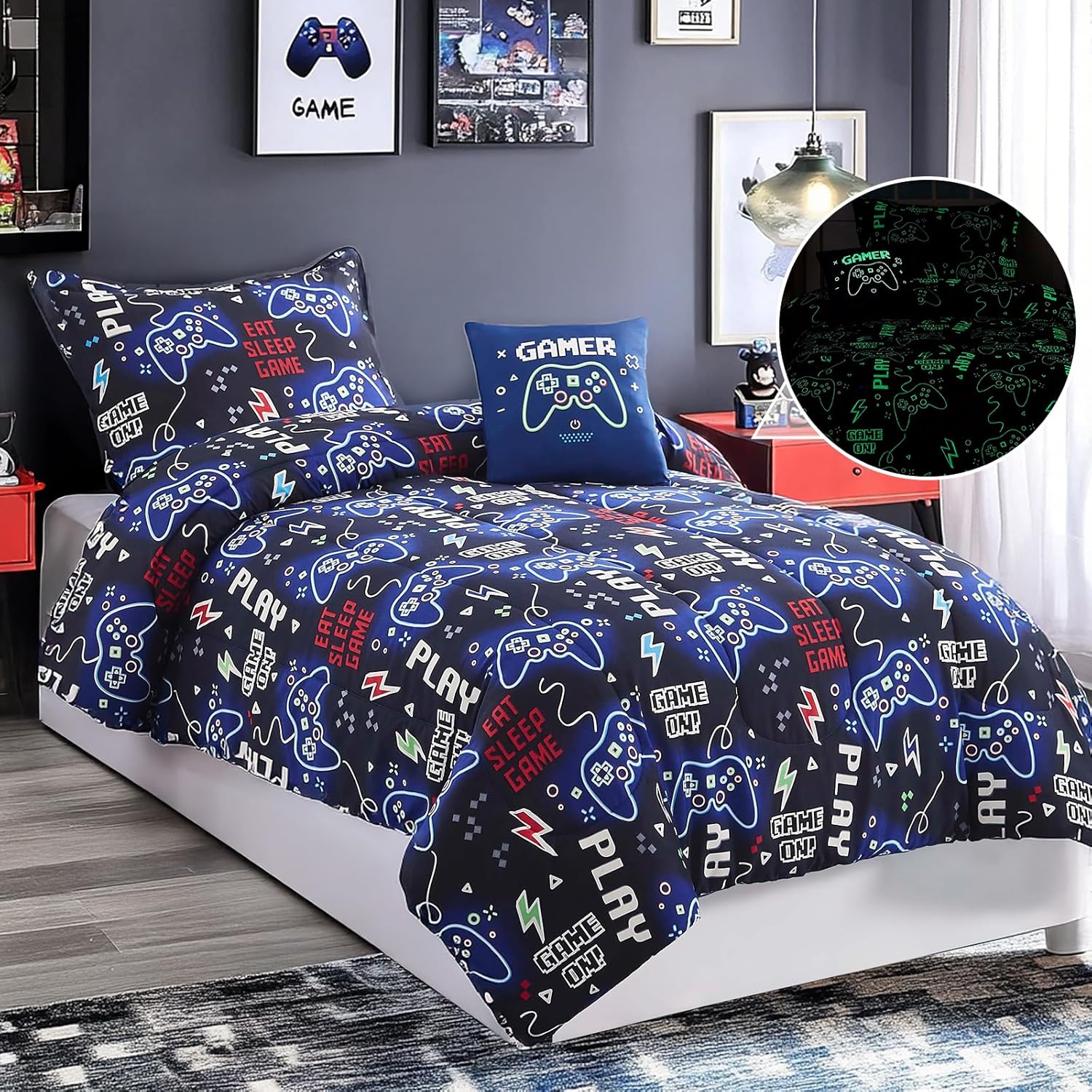 Wink Deer Glow in Dark Gamer Comforter Set for Boys