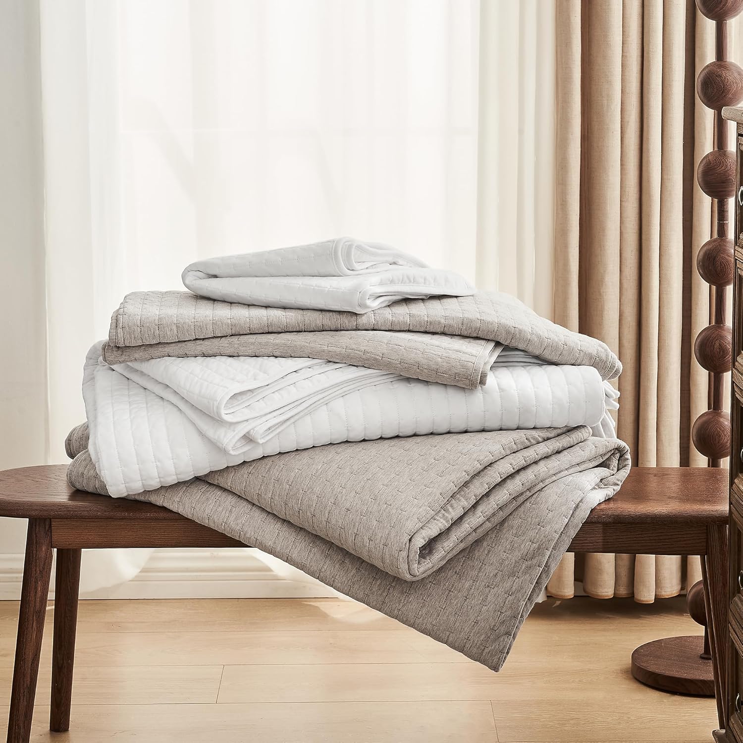 Wonderful 100 Cotton Jersey Knit Quilt Set - Apricot Beige Queen Size