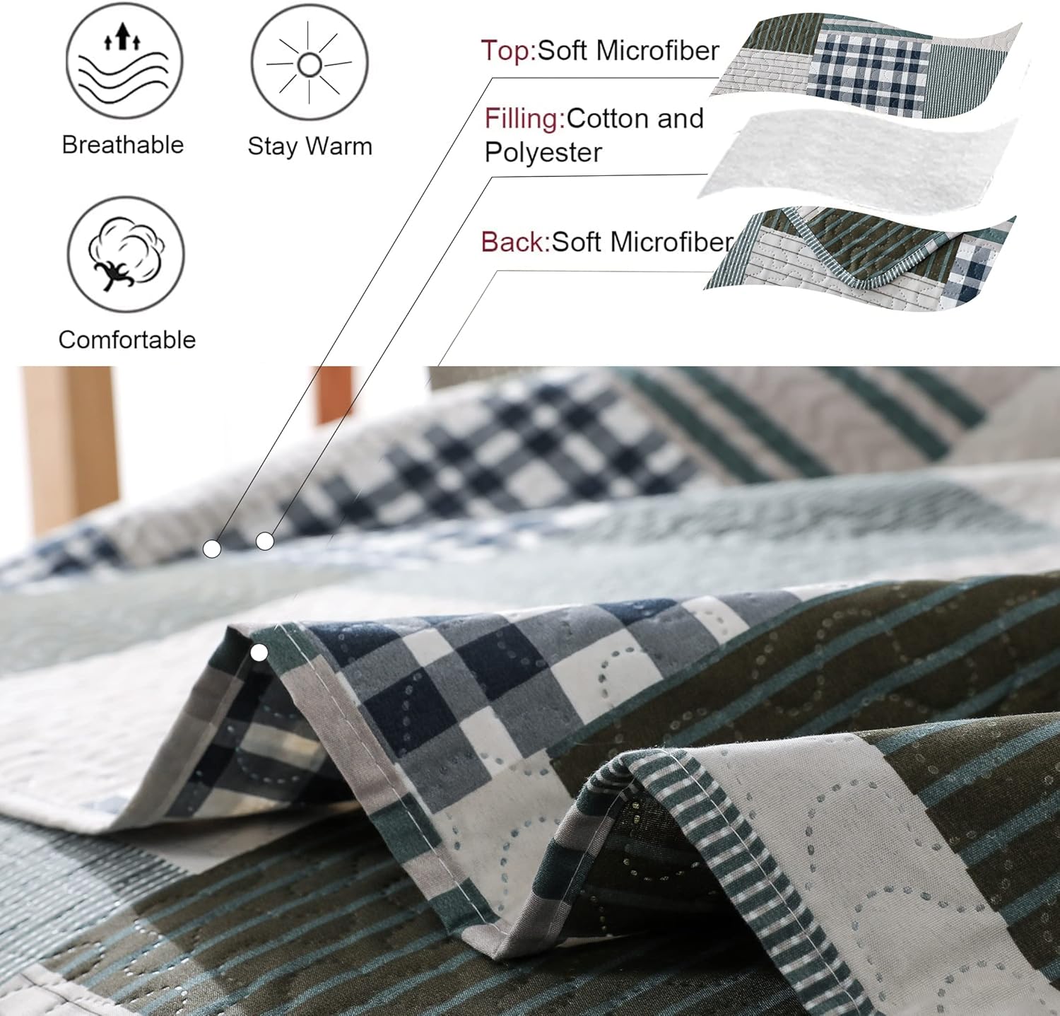 Jessy Home Queen Size Plaid Patchwork Bedspread Set