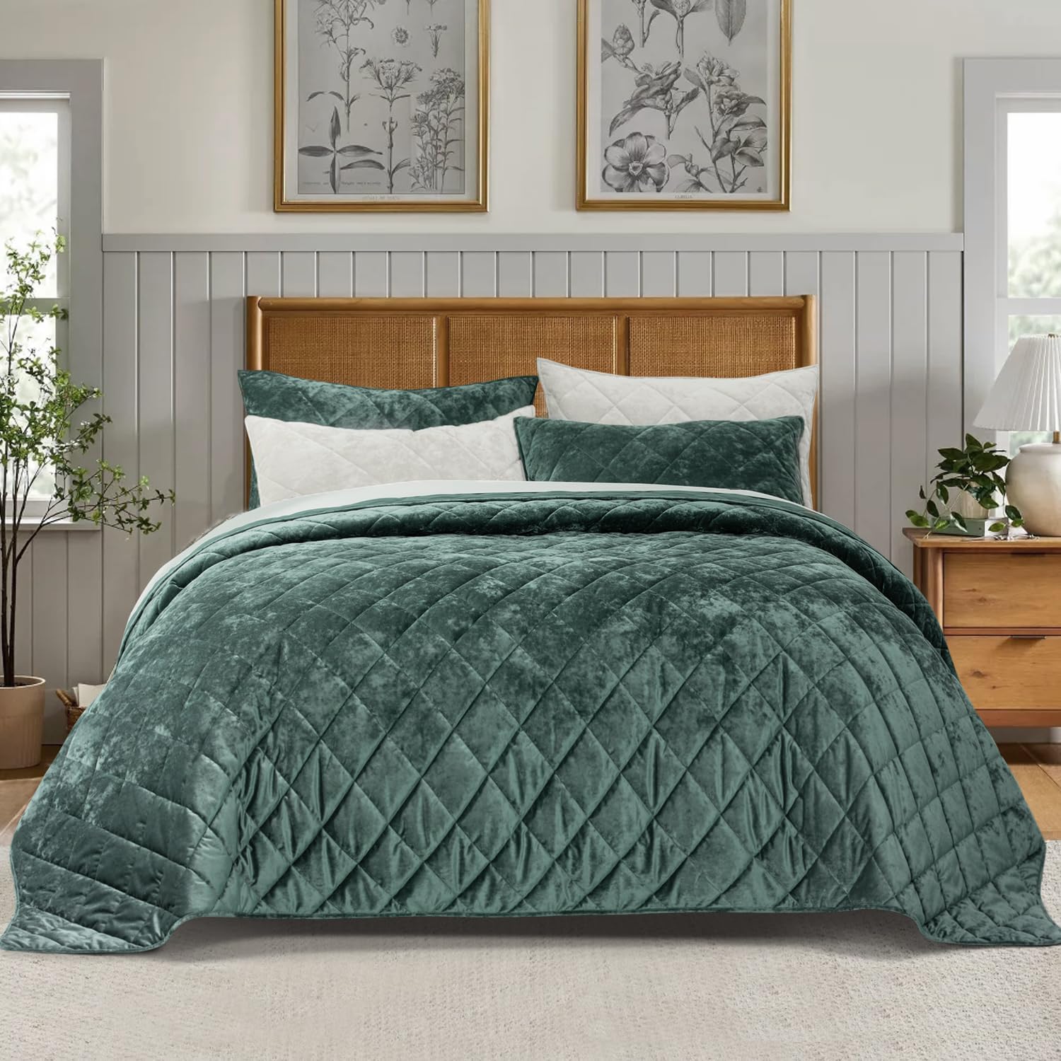 EVERGRACE Velvet Quilt Set King Size Dark Green