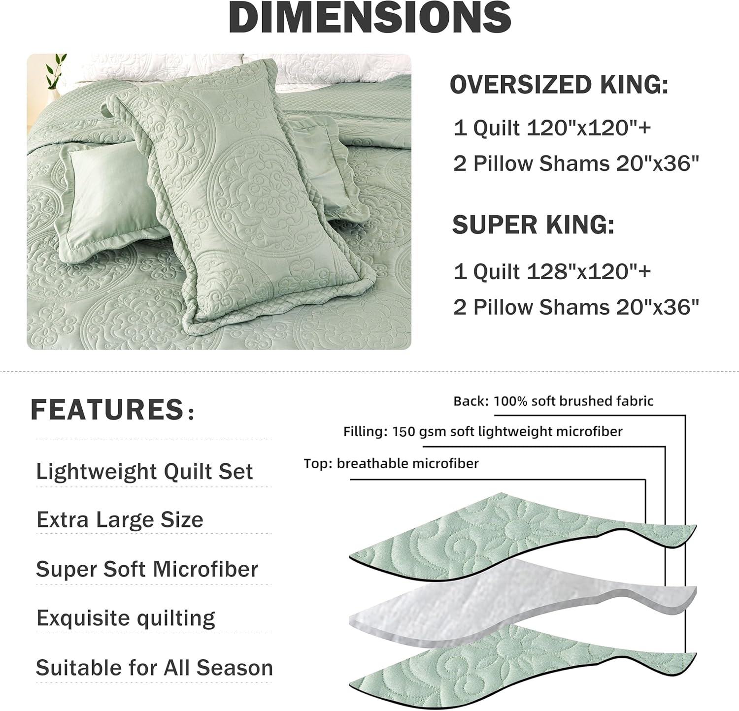 Cmfshape King Quilt Set 3PCS Sage Green Oversized 1