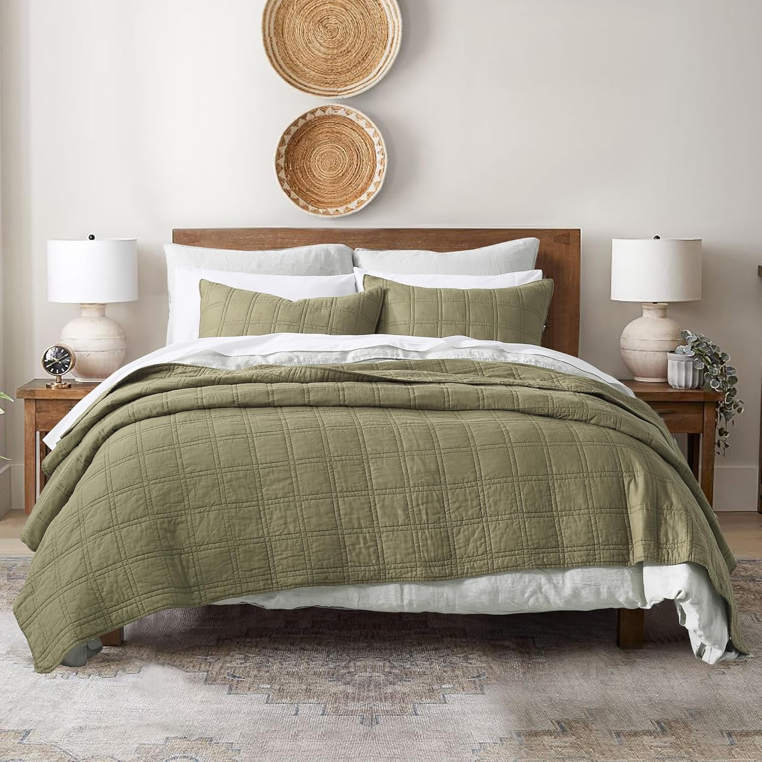 HORIMOTE HOME Cotton Quilt Set Twin Size Olive Green