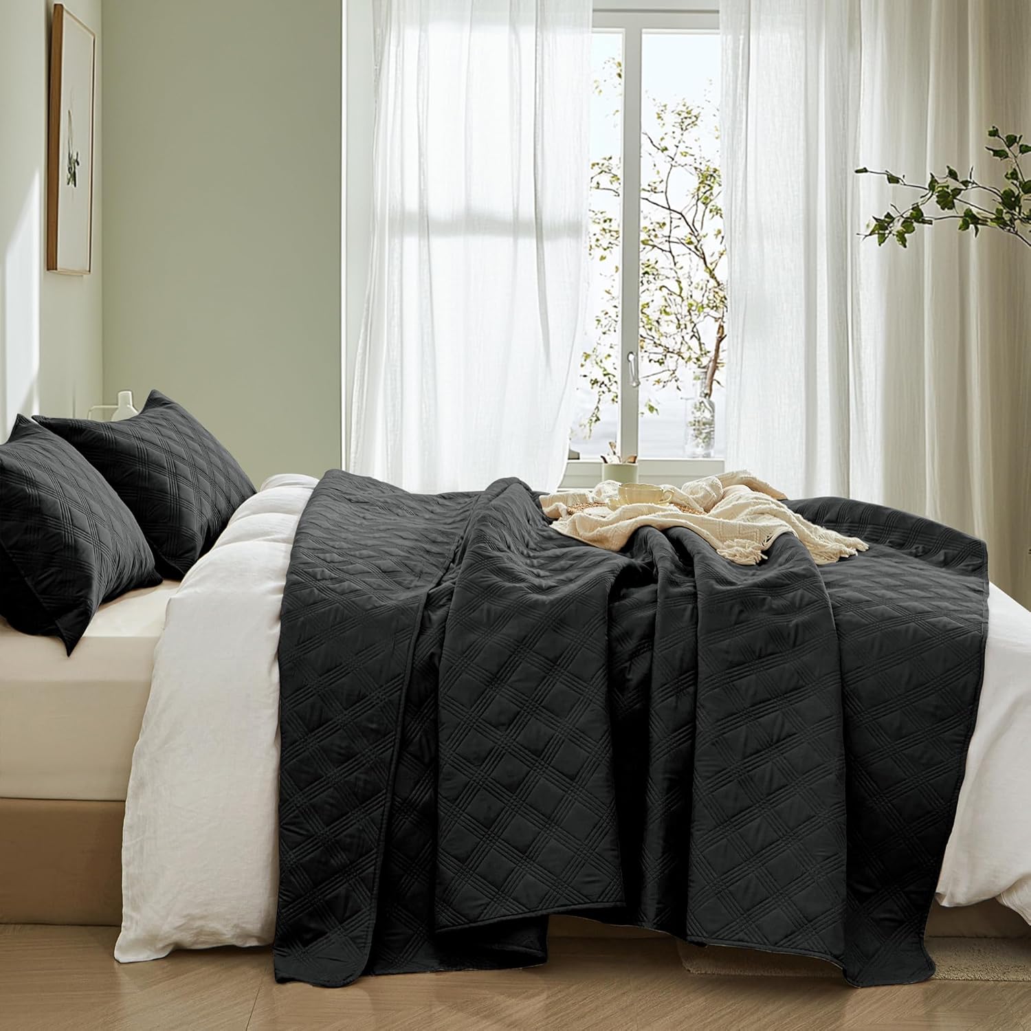 Inron Quilt Set Twin Size Black Microfiber Geometric Pattern Bedding Set