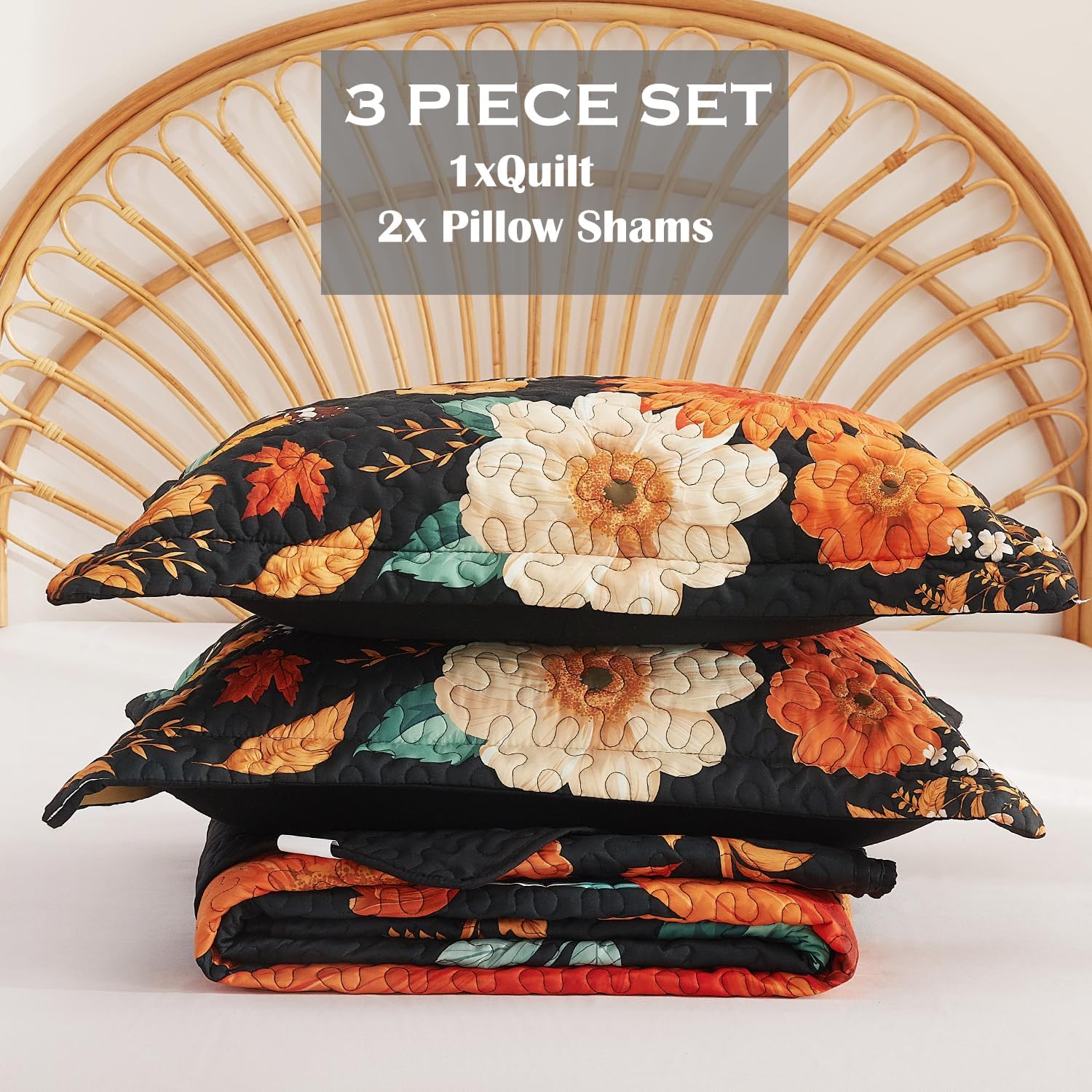 EVEHUG Black Sunflower Reversible Quilt Set Queen Size