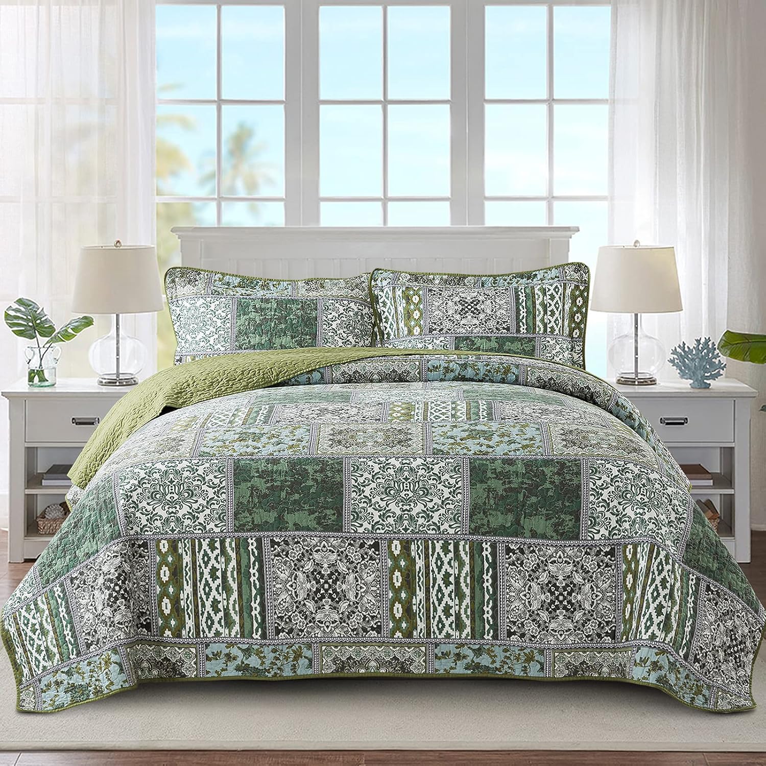 NEWLAKE Reversible Patchwork Quilt Set Queen Size 1