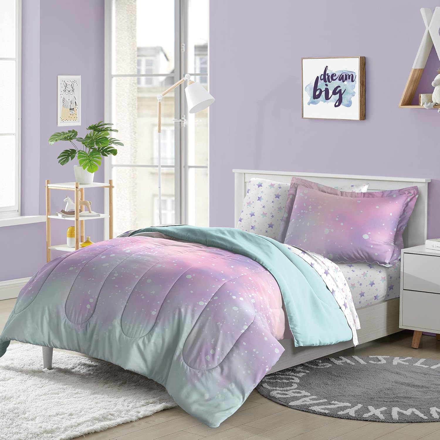 Dream FACTORY Kids 5-Piece Microfiber Comforter Set - Pink Twilight Galaxy Stars