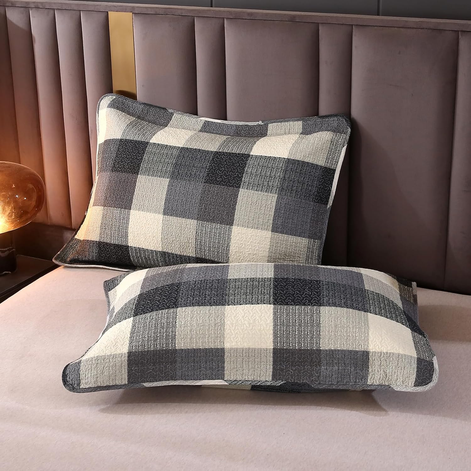 vctops Farmhouse Blue Plaid Quilt Set Queen 3 Pieces