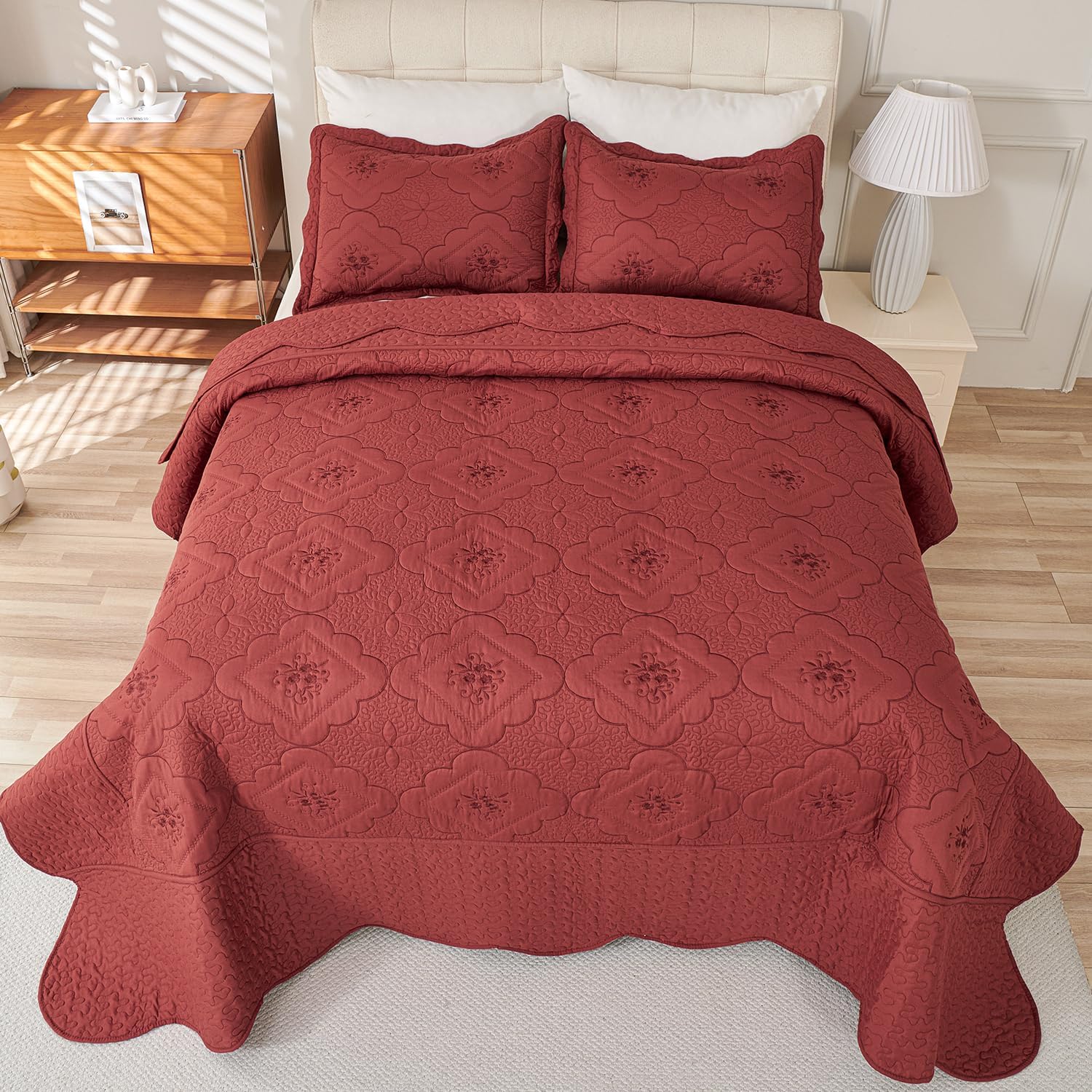 Cmfshape Queen Quilt Set 3 Pieces - Burgundy Floral Embroidery