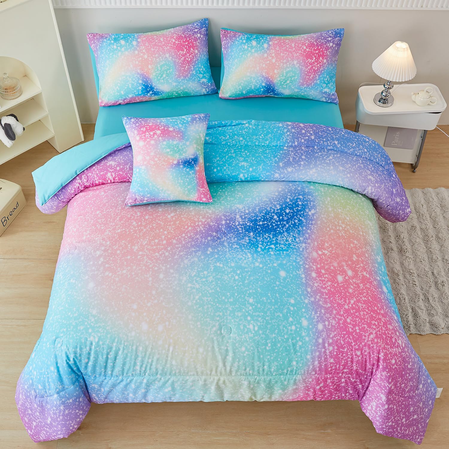 PERFEMET 6-Piece Rainbow Comforter Set for Girls