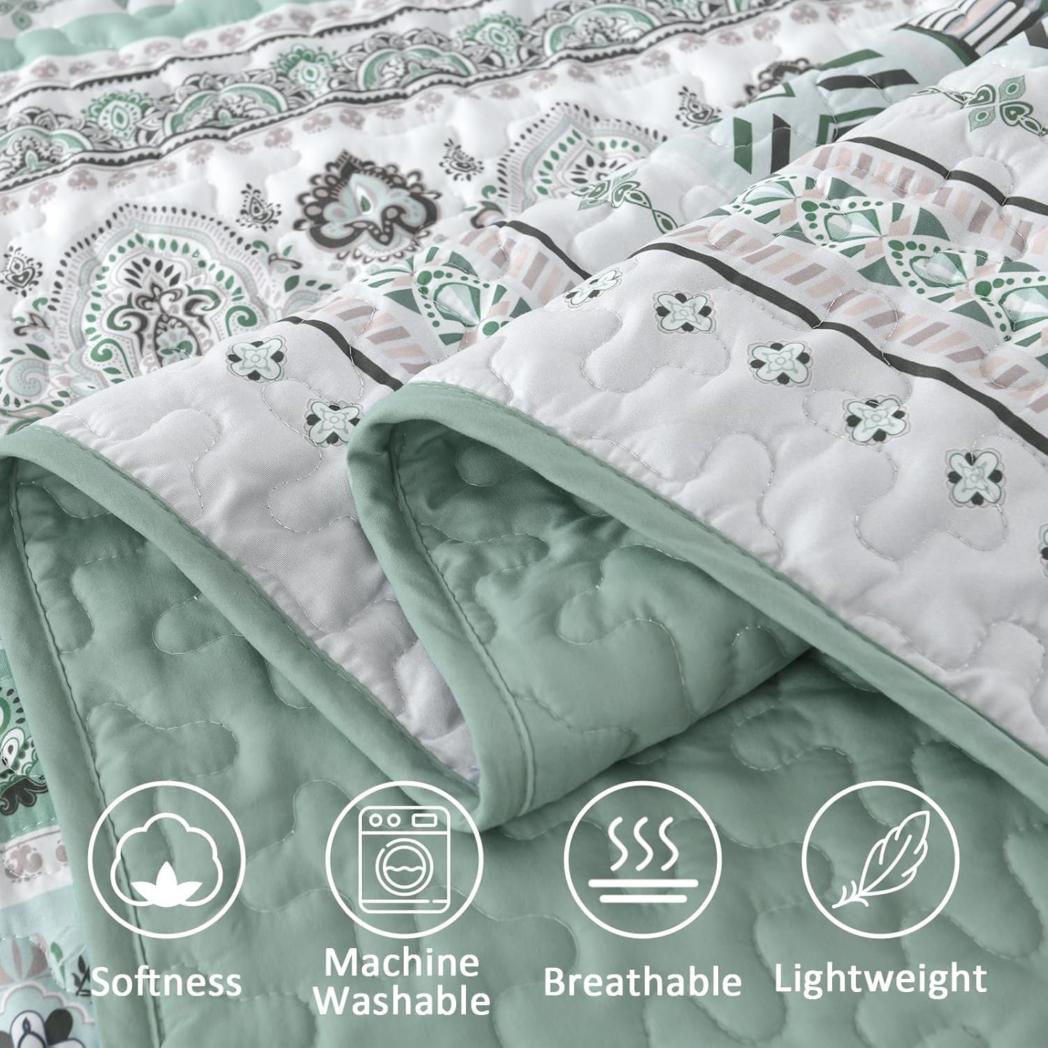 Goodidea Boho Quilt Set Cal King 3 Piece Mint Green Striped Microfiber Bedding