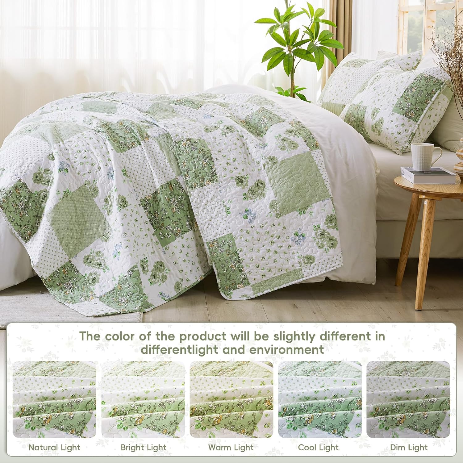 VIVILINEN Full Queen Green Floral Plaid Quilt Set