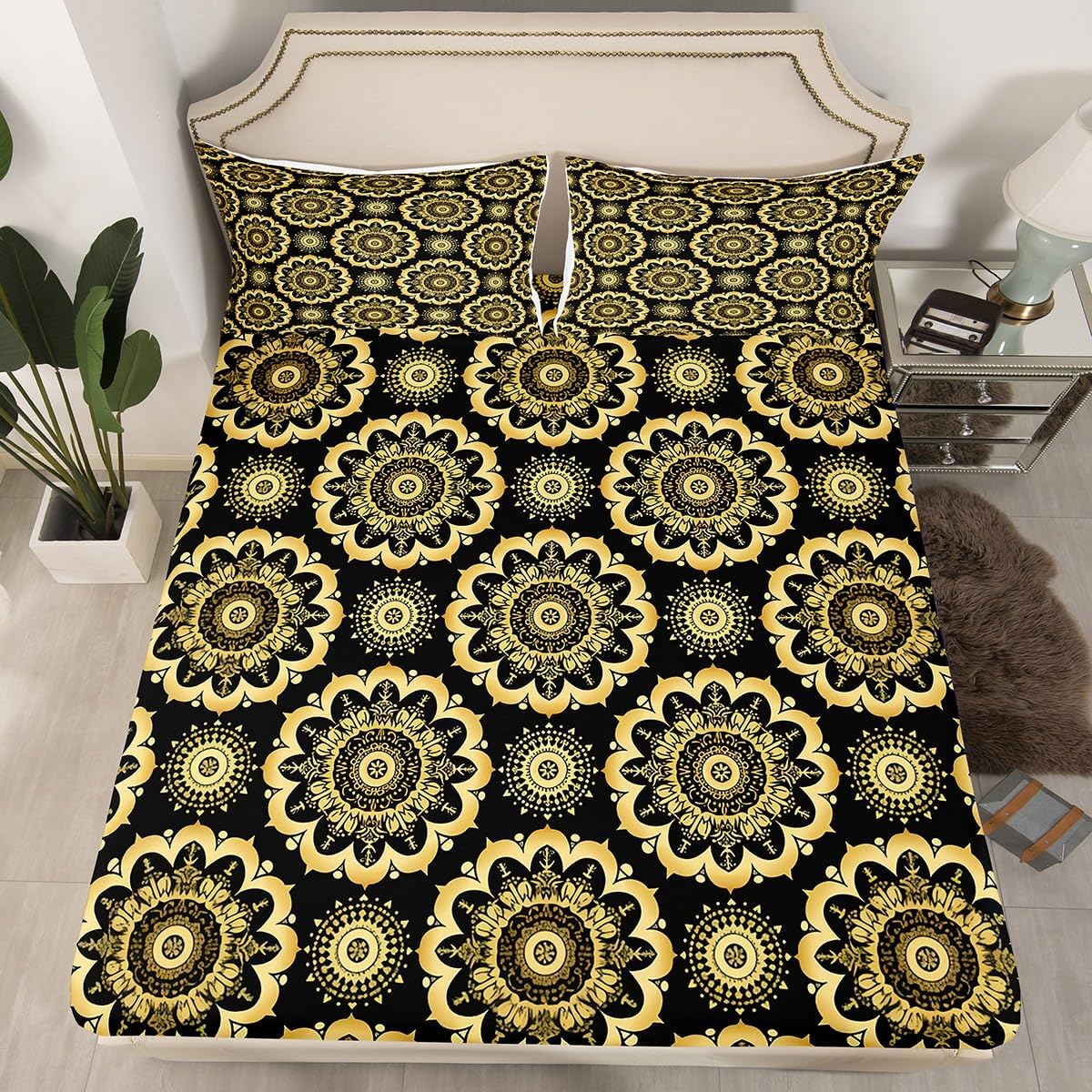 Jejeloiu Paisley Bedding Set with Black Gold Damask Pattern