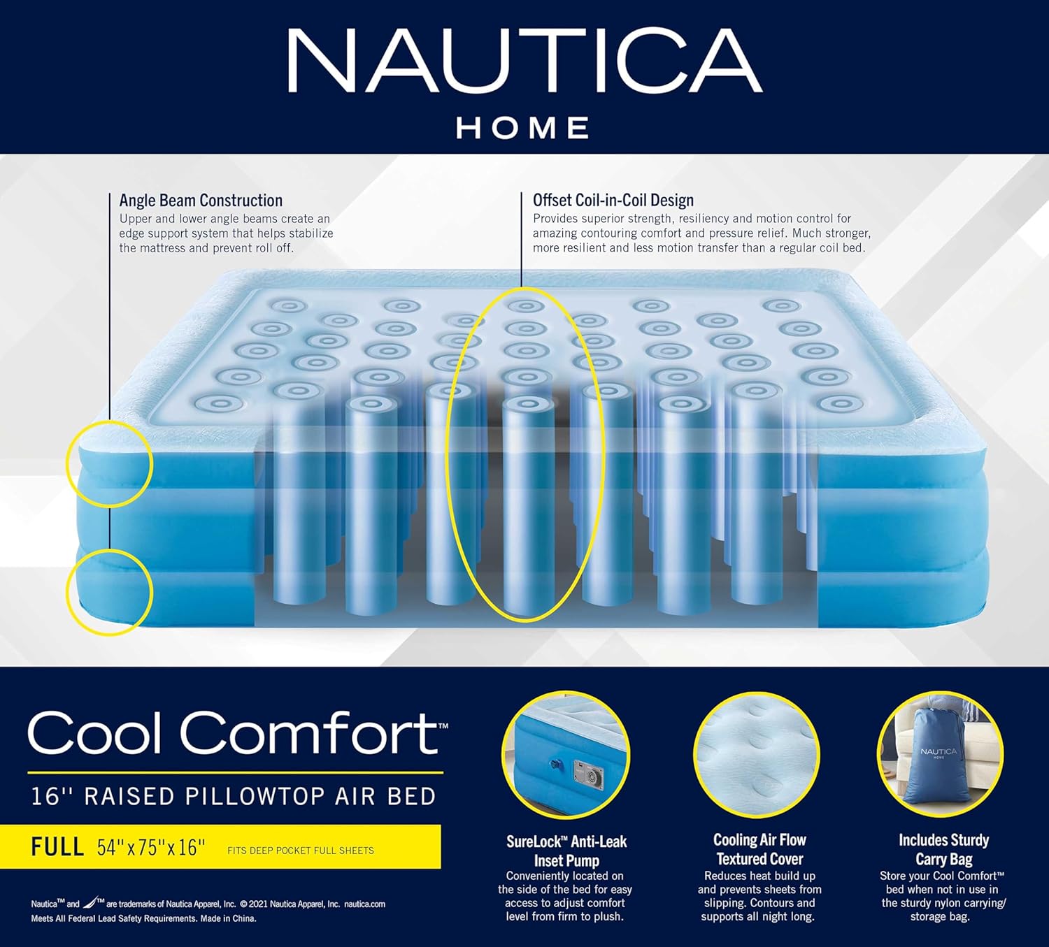 Nautica Home 16 Air Mattress with Pillow Top and Built-in Pump