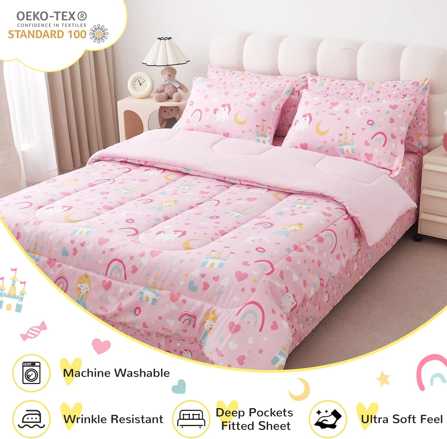 Viviland Girls Twin Comforter Set - Pink Unicorn Princess Rainbow