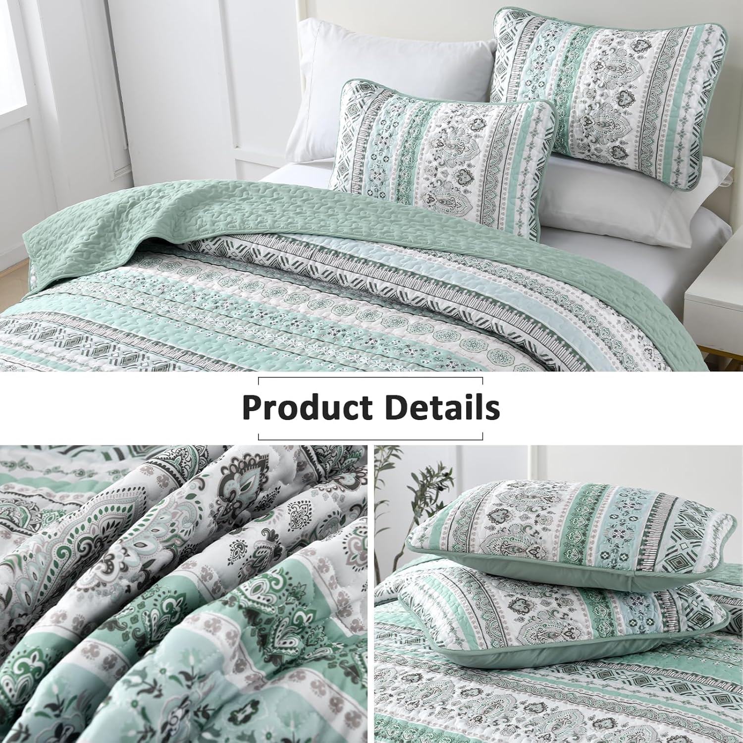 Goodidea Boho Quilt Set Cal King 3 Piece Mint Green Striped Microfiber Bedding