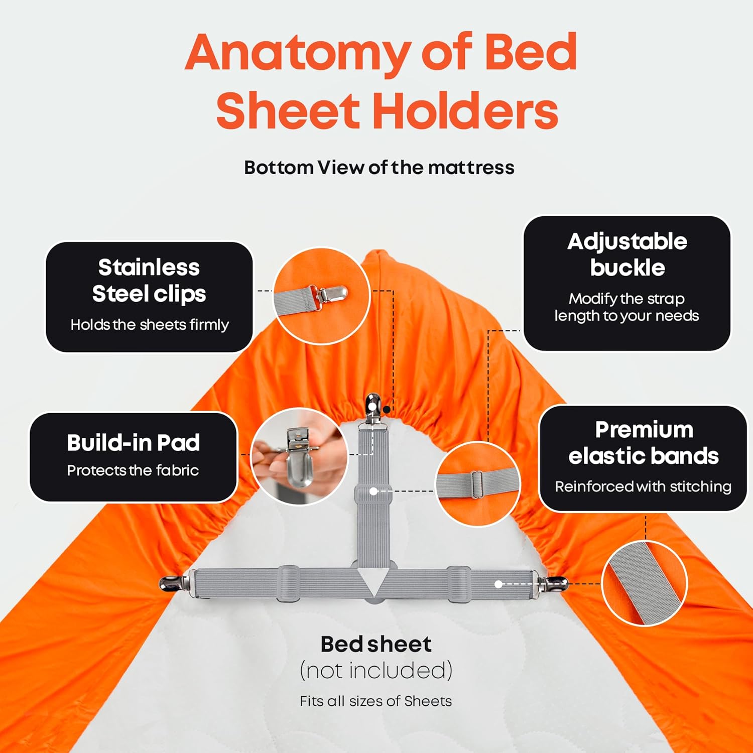 5 Stars United Bed Sheet Straps Set - 4 Pcs Grey
