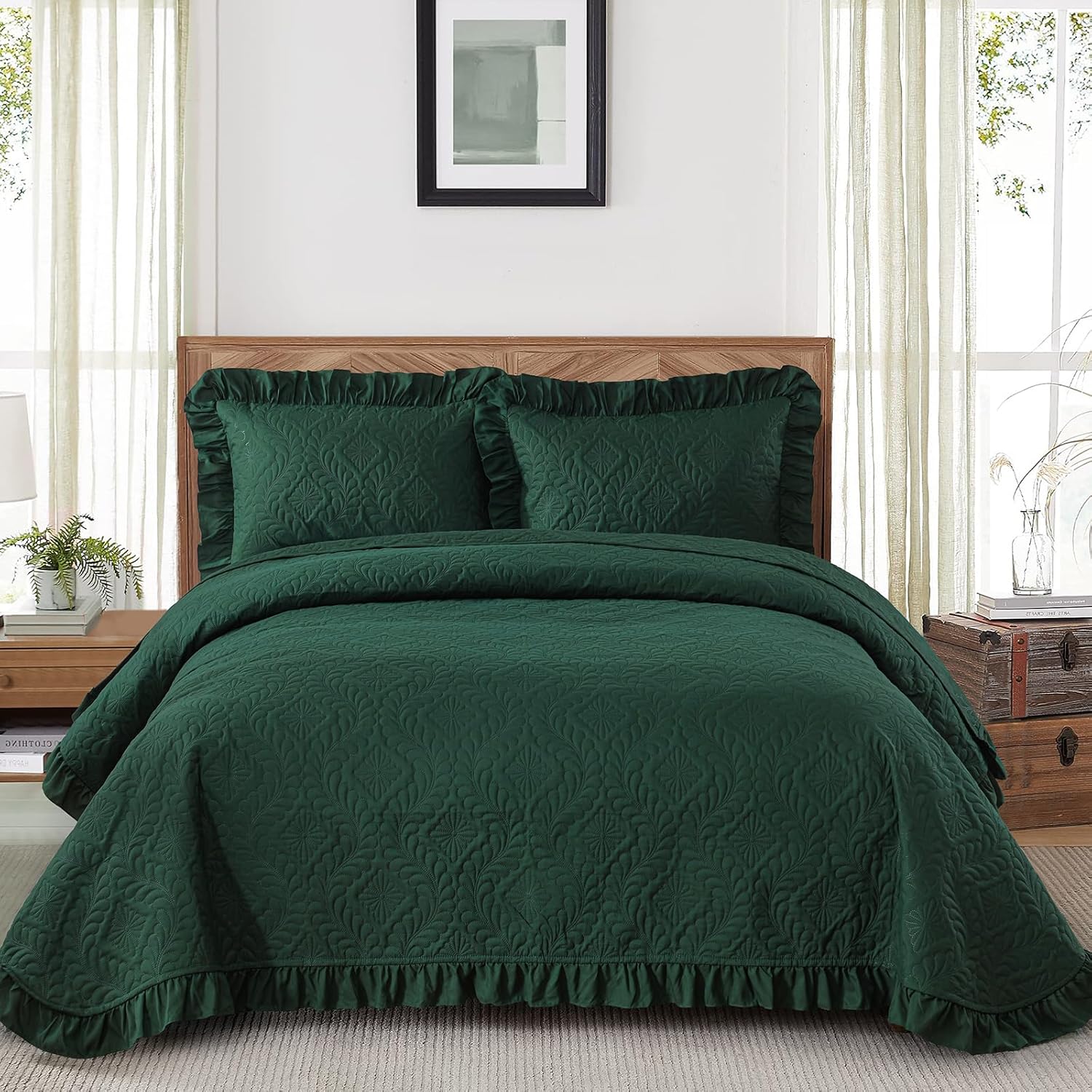 Emerald Green King Quilt Set 3 Piece Ruffled