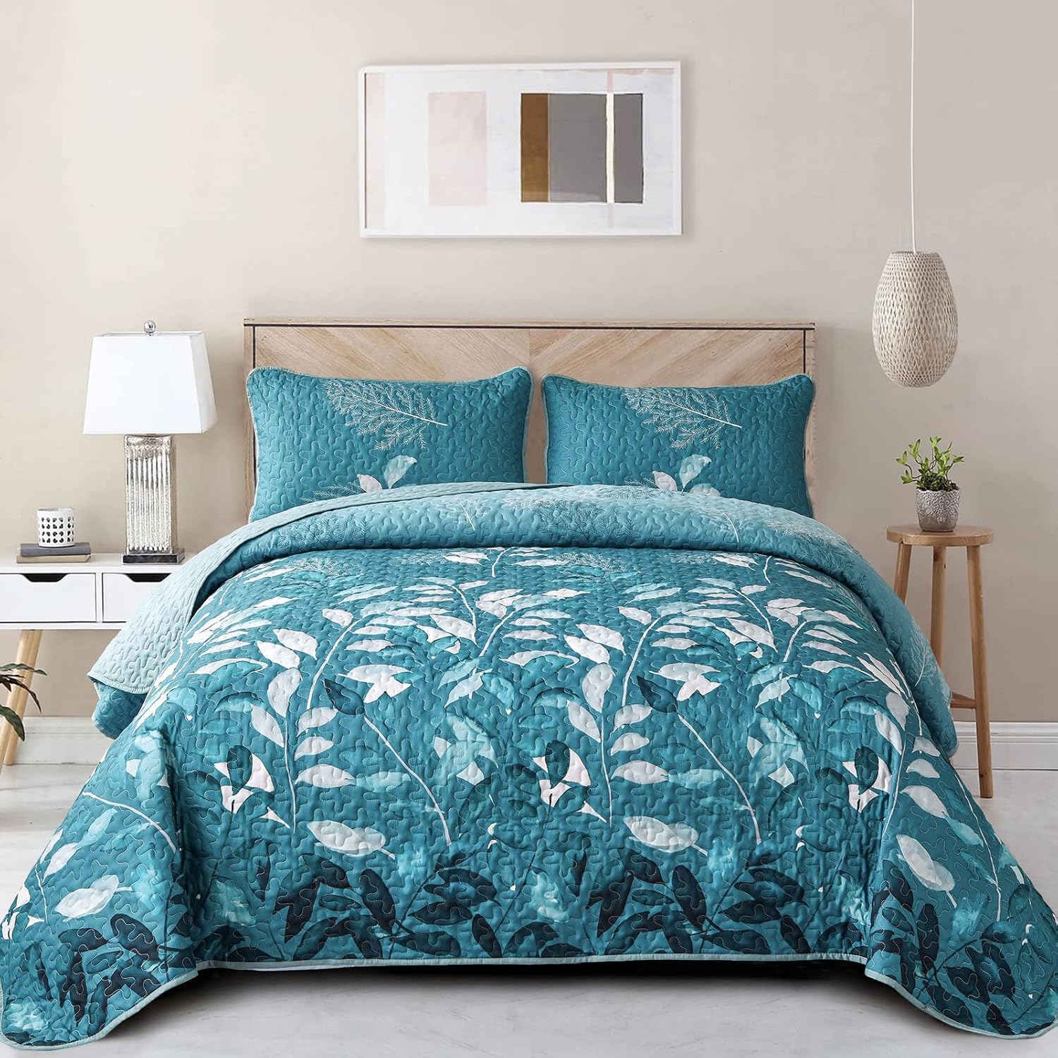 WONGS BEDDING Teal Floral Quilt Set 3PCS Full Size