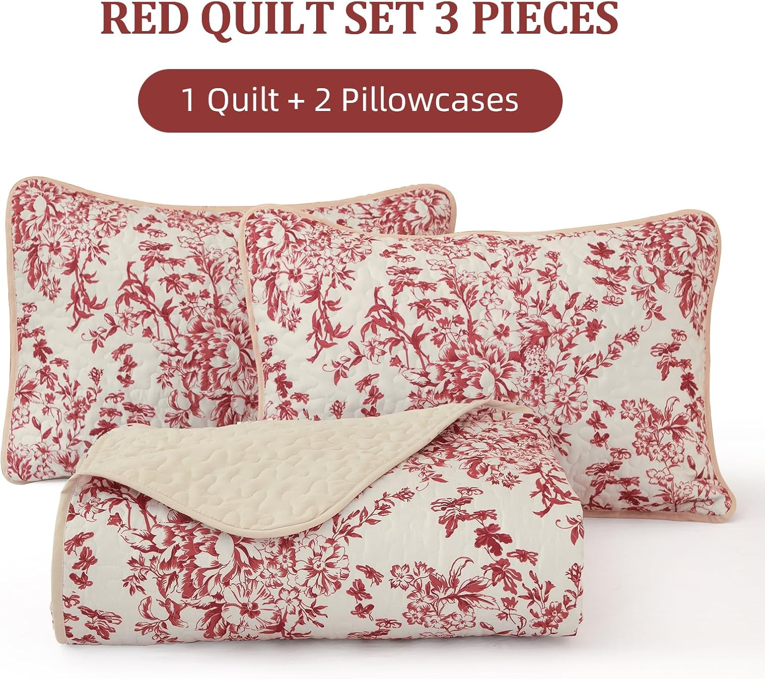WONGS BEDDING King Size Quilt Set Red 3 Pieces