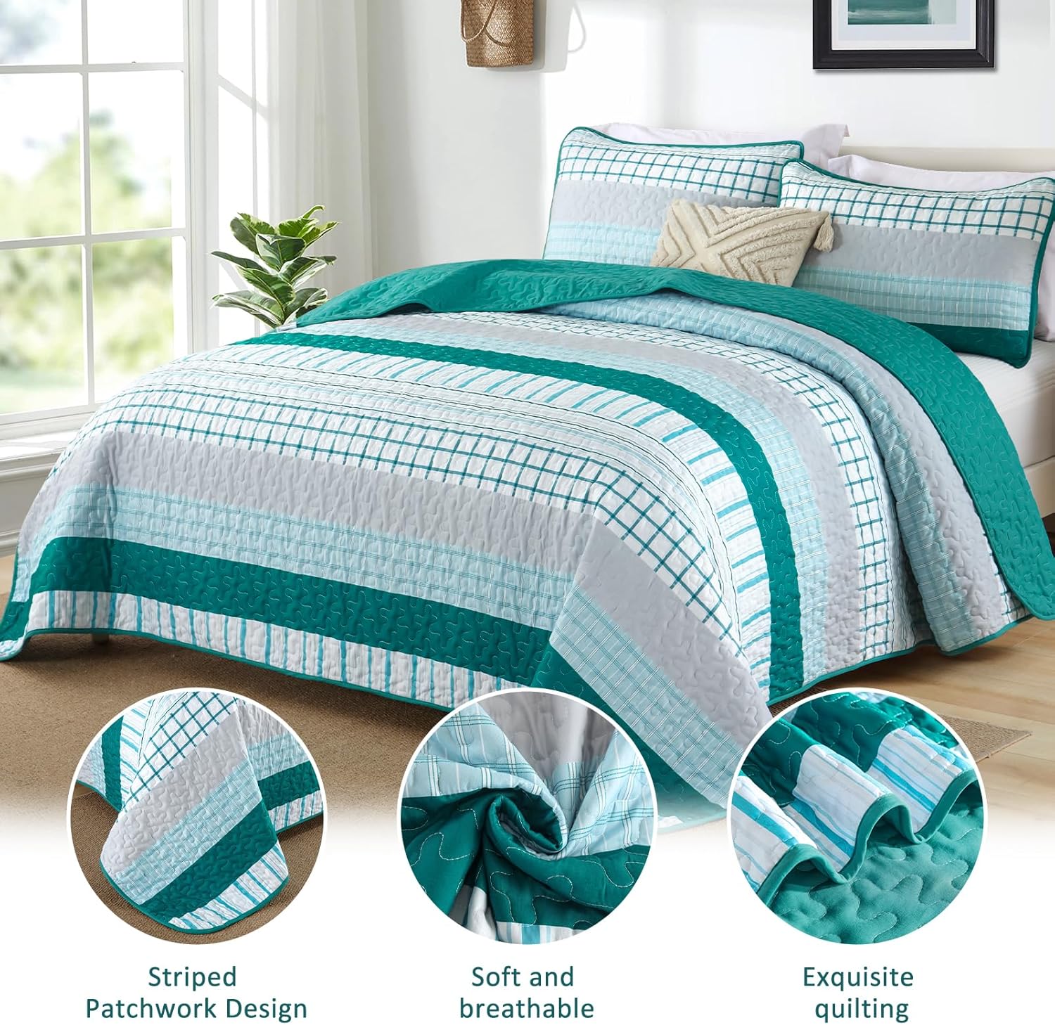 DJY Striped Quilt Set Queen Size Teal Boho