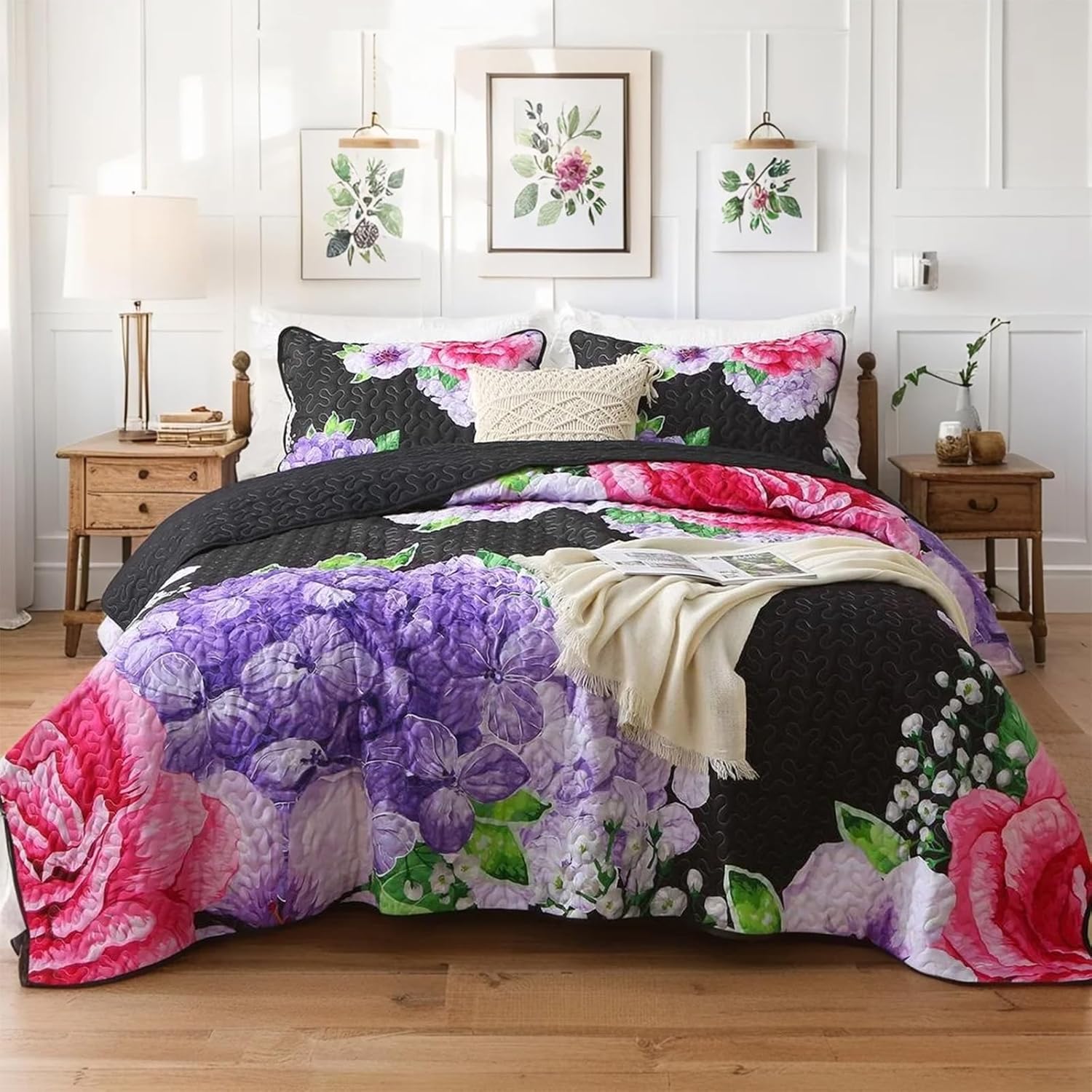 Heymybed Black Floral Quilt Set King Size 3 Pieces
