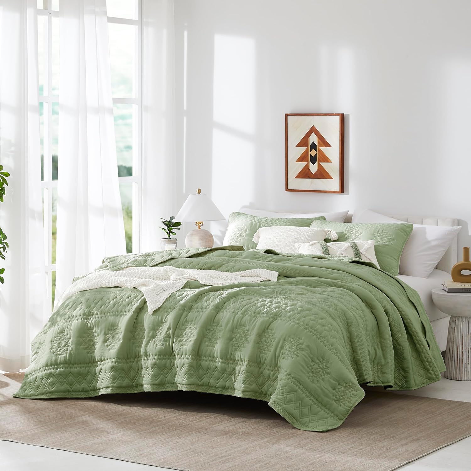 WDCOZY Boho Sage Green Queen Quilt Set with 2 Pillow Shams 1