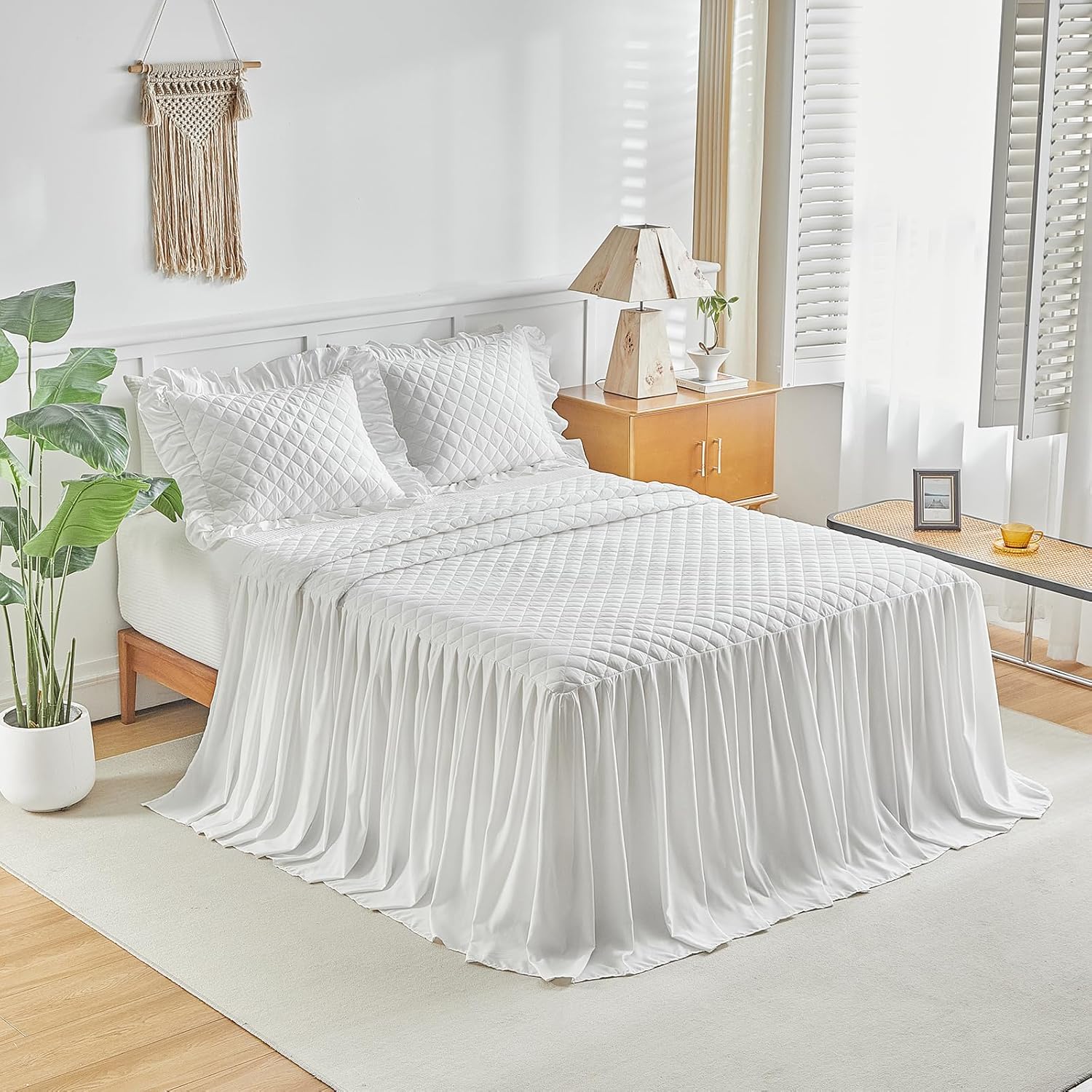 UOZZI BEDDING Ruffle Skirt Bedspread Set - King Size White