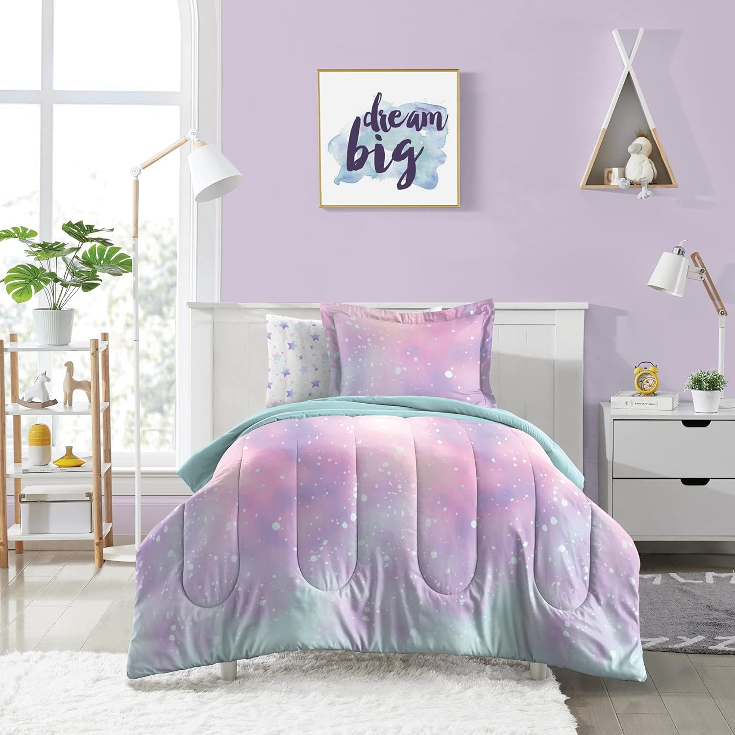 Dream FACTORY Kids 5-Piece Microfiber Comforter Set - Pink Twilight Galaxy Stars