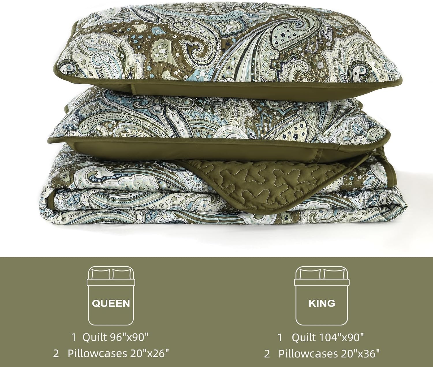 DJY Green Paisley Quilt Set King Size 3 Pieces