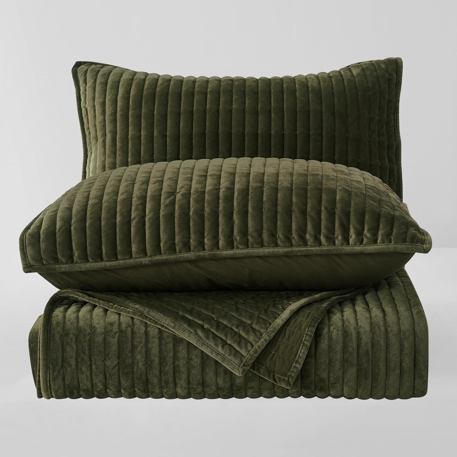 Wonderful Velvet Quilt Set - 94x94 Queen Dark Green Striped Channel Stitch