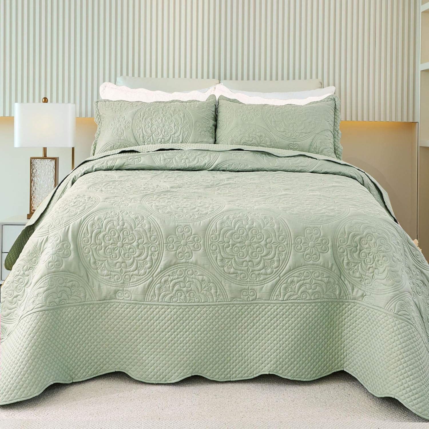 Cmfshape King Quilt Set 3PCS Sage Green Oversized 1
